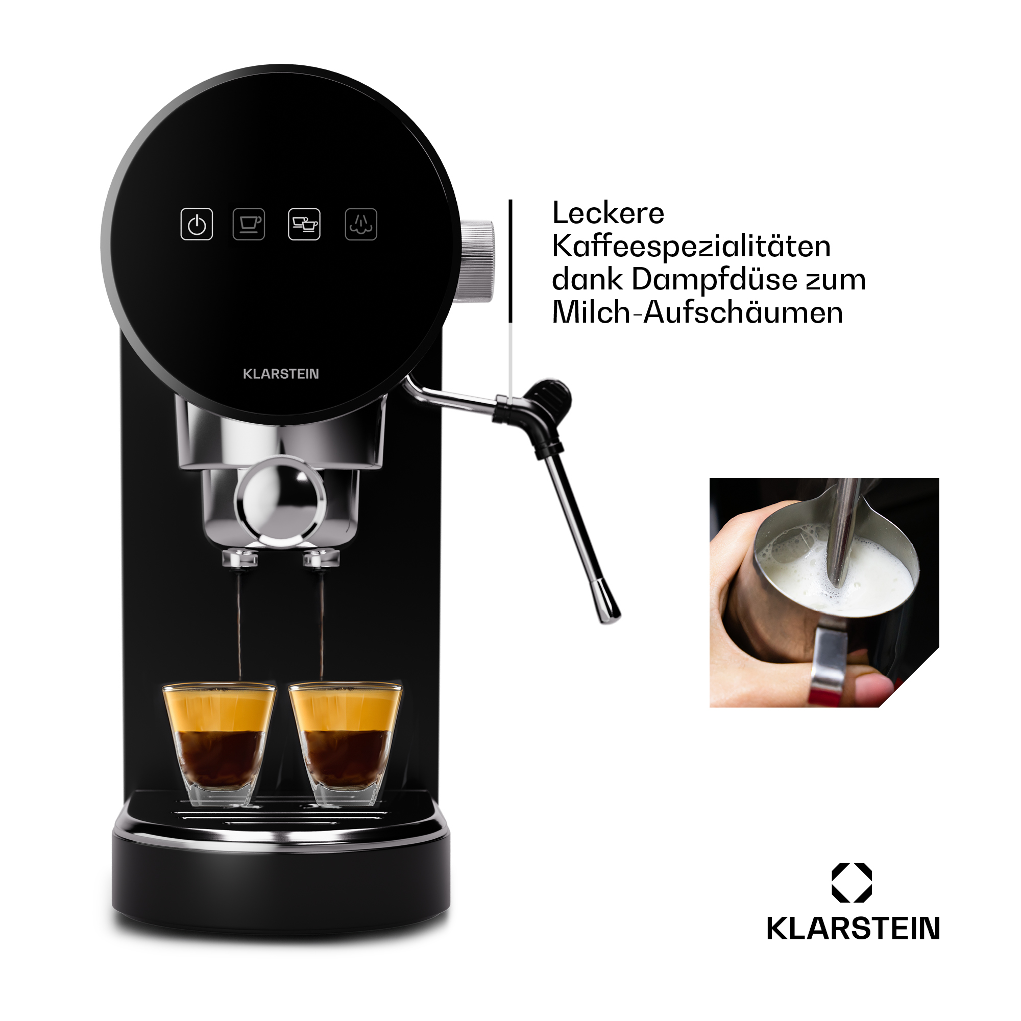 Macchina da caffè nera con due bicchieri da espresso e lattiera per schiuma.