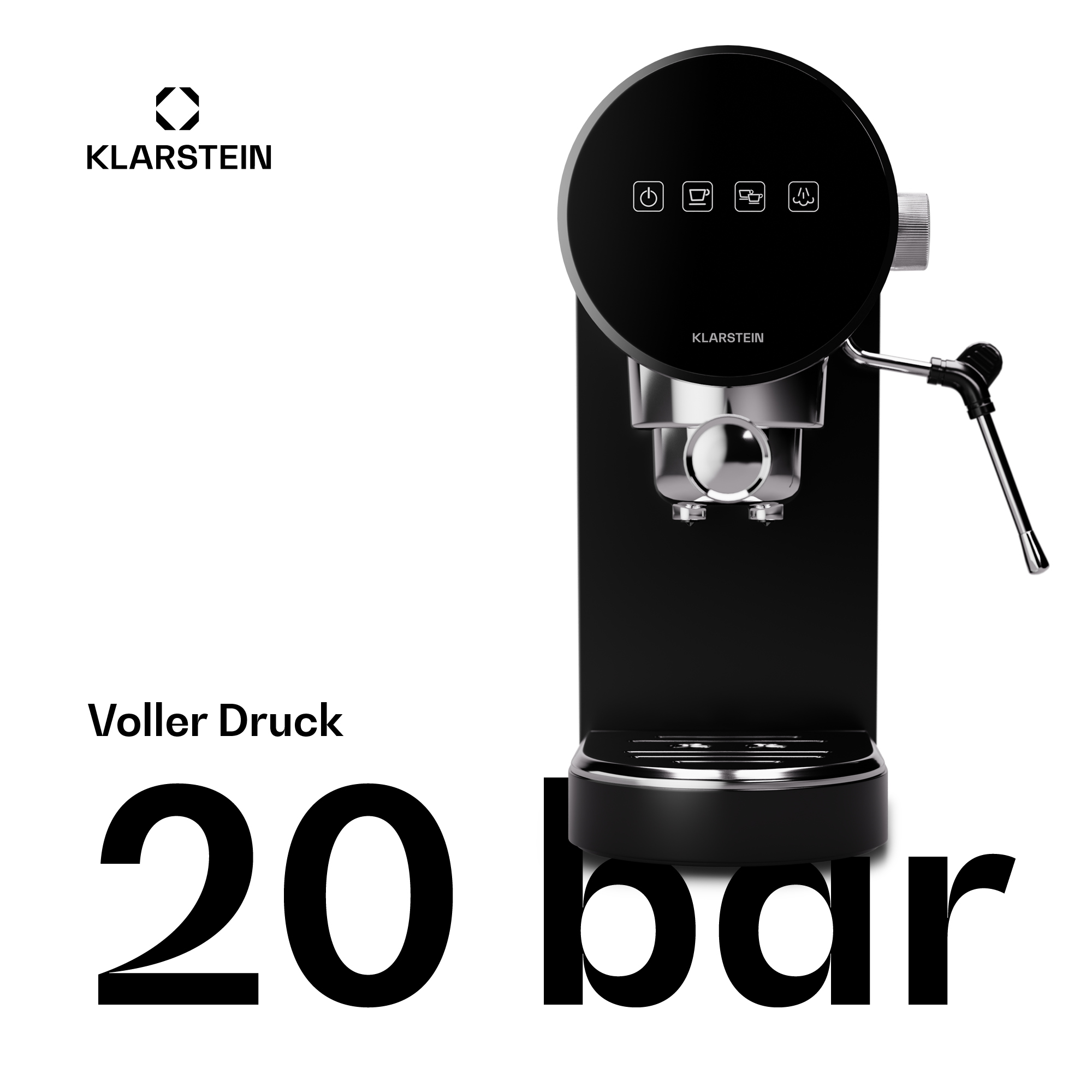 Macchina da caffè espresso nera con controlli argentati e scritta "20 bar".