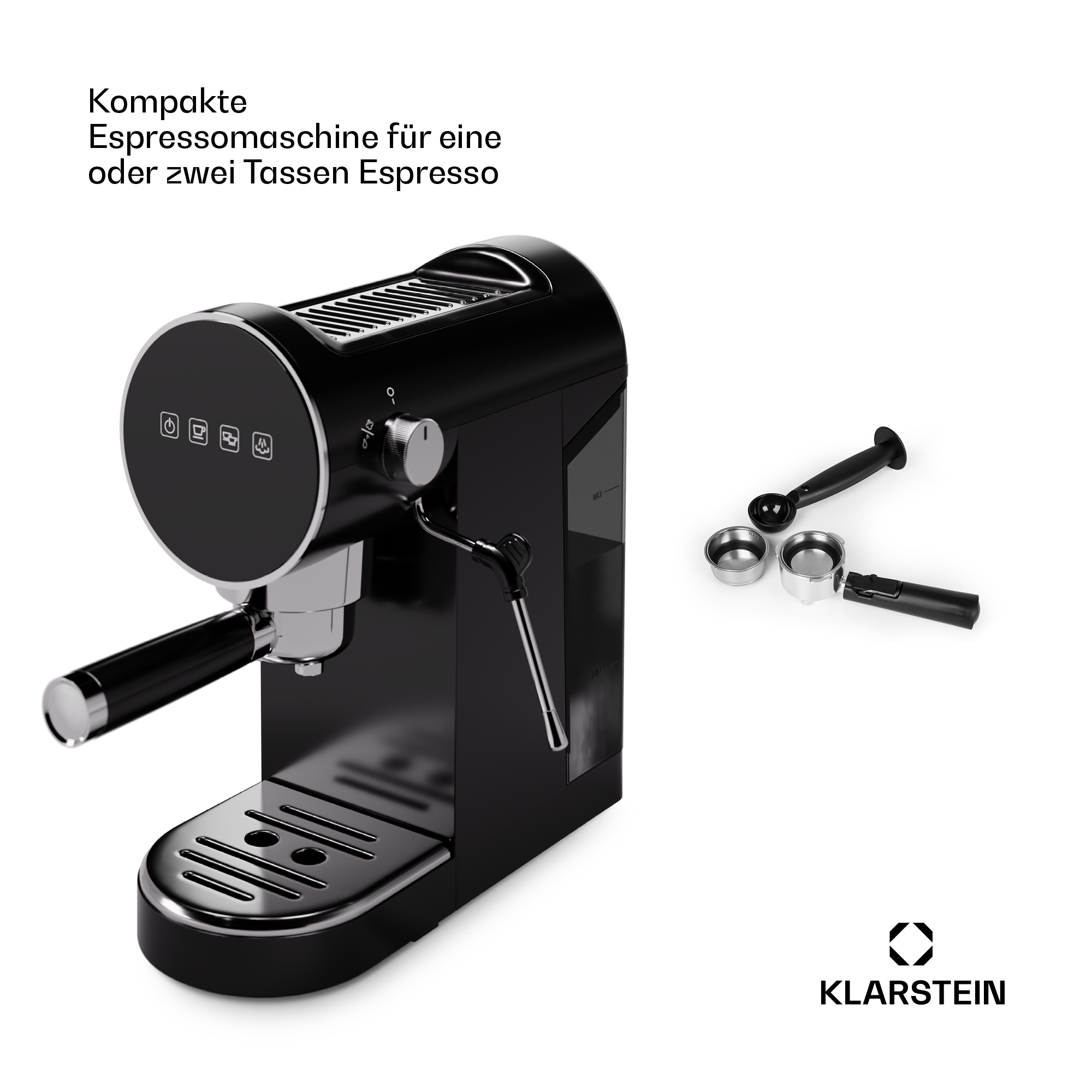 Macchina per espresso nera con accenti argentati e accessori su sfondo bianco.