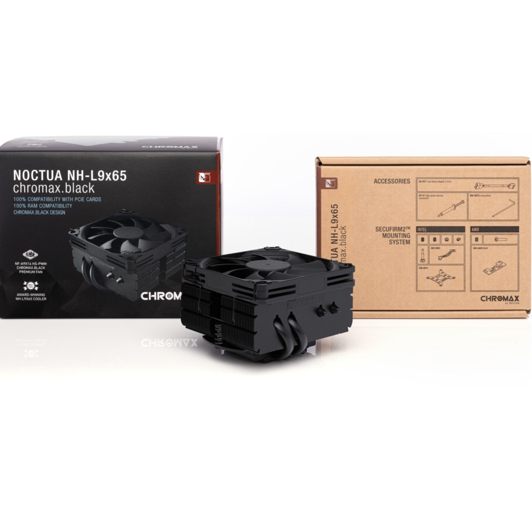 Czarny cooler CPU Noctua między pudełkami.
