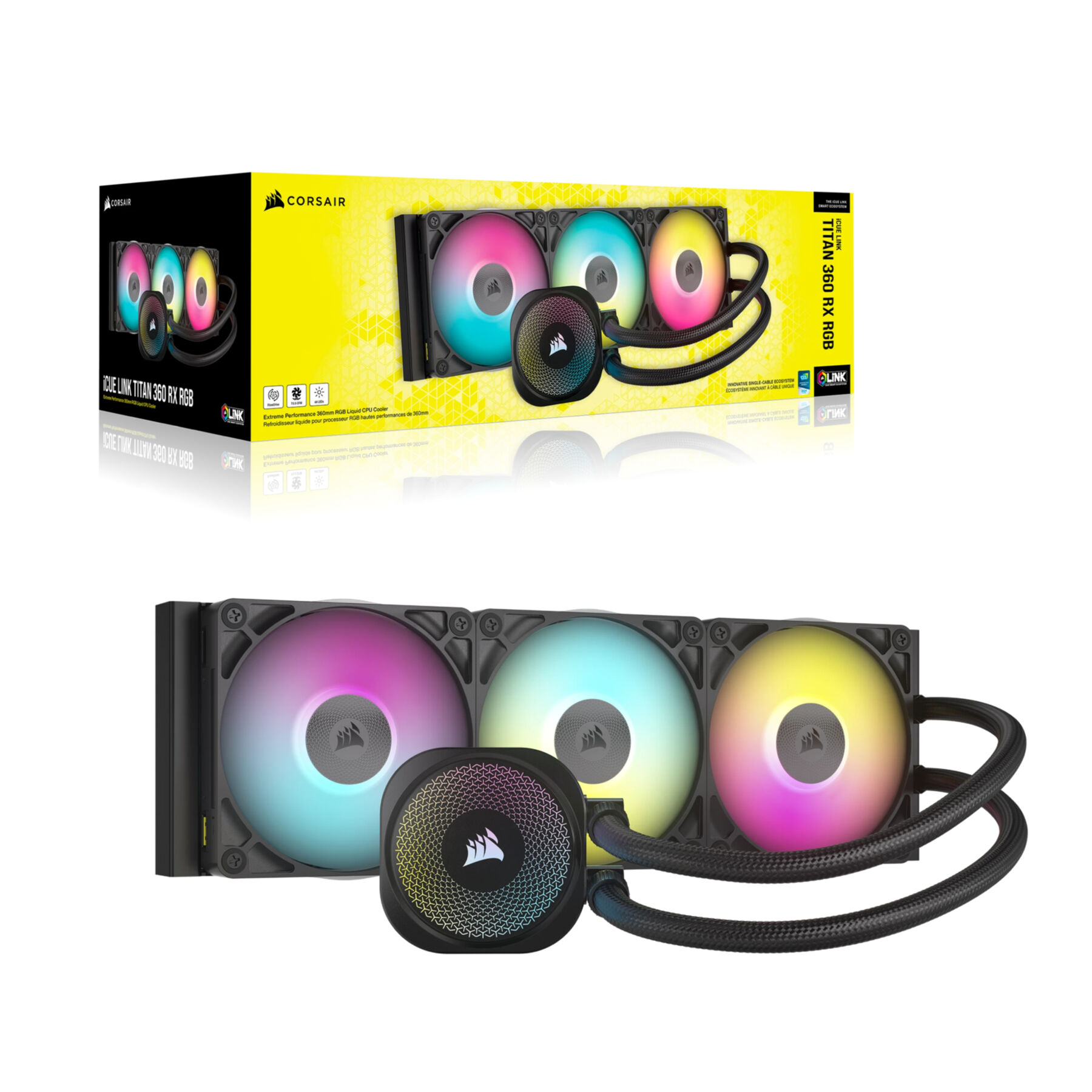 Chłodnica CPU Corsair iCUE LINK 360mm RGB z trzema podświetlanymi wentylatorami.