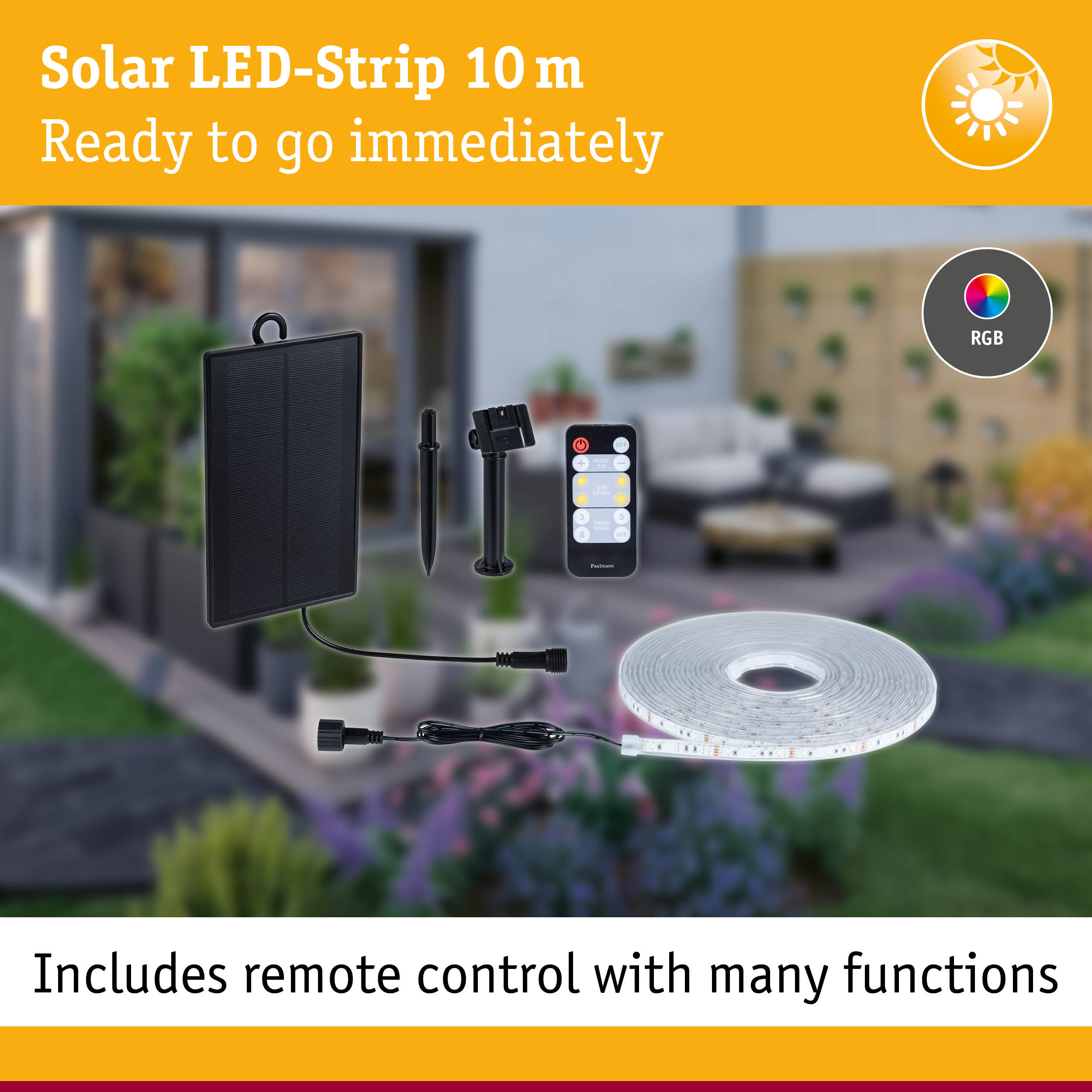 Solar-LED-Streifen mit Fernbedienung, Solarpanel, Erdspieß und RGB-Farboptionen.