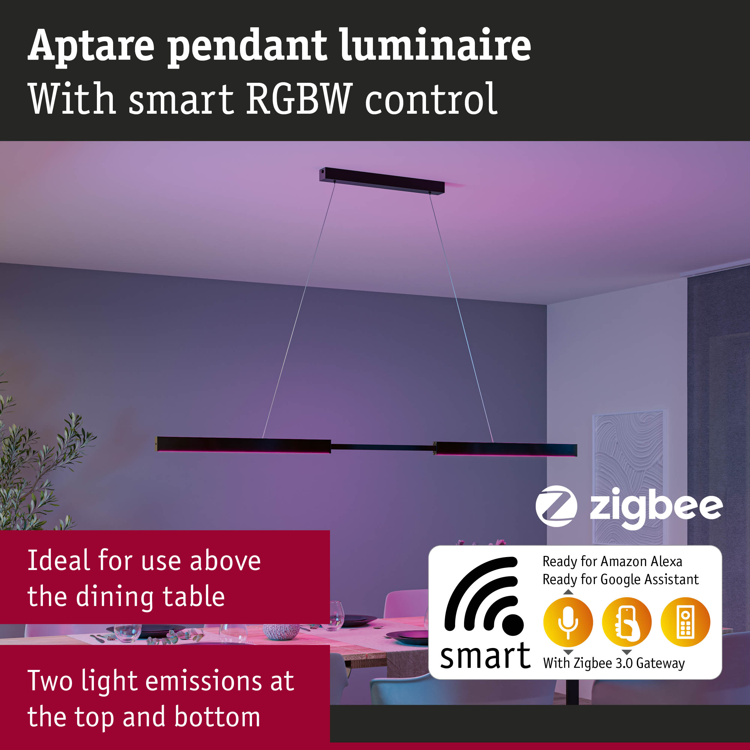 Plafonnier suspendu noir avec contrôle RGBW au-dessus d'une table.