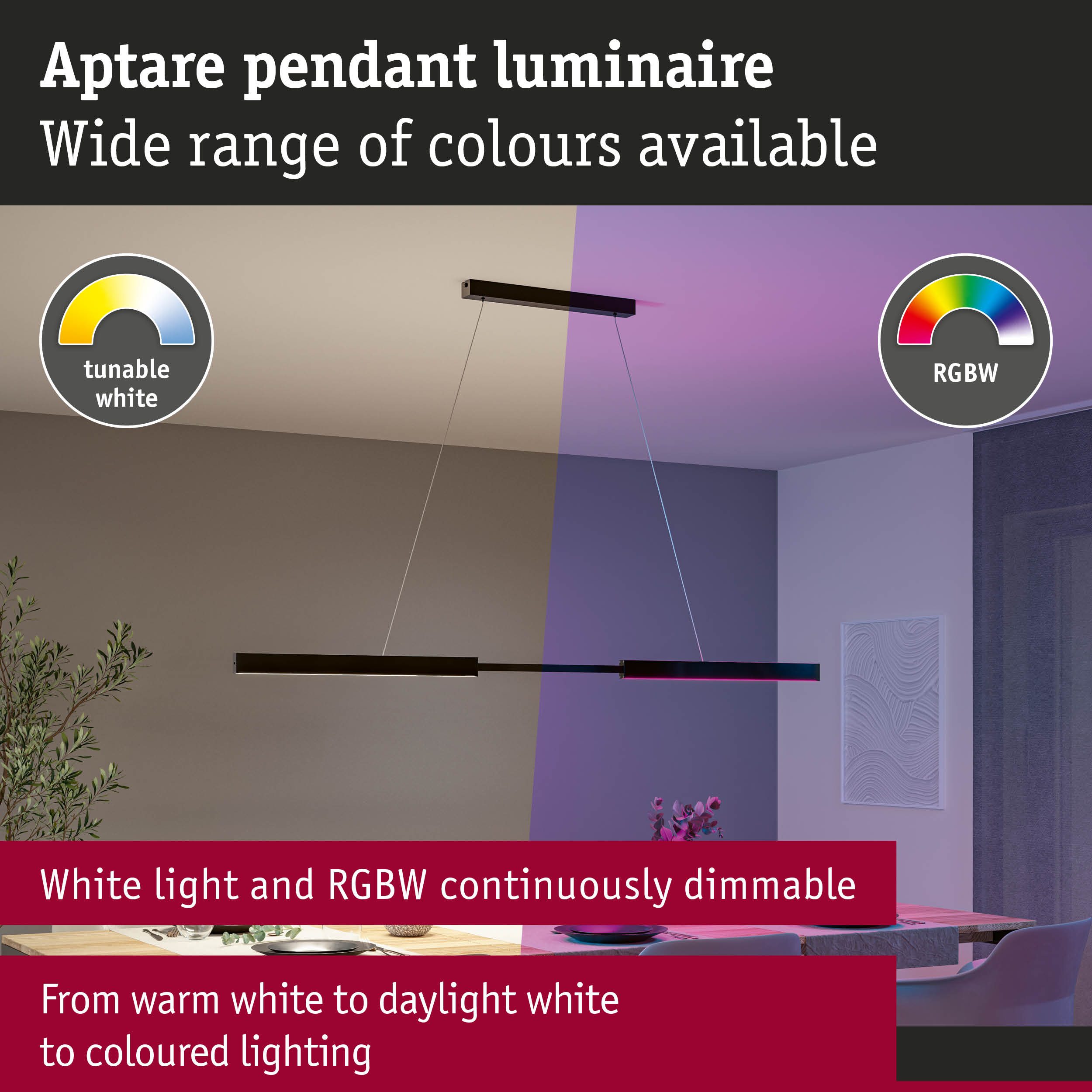 Un luminaire suspendu moderne avec éclairage blanc tunable et RGBW, dimmable.