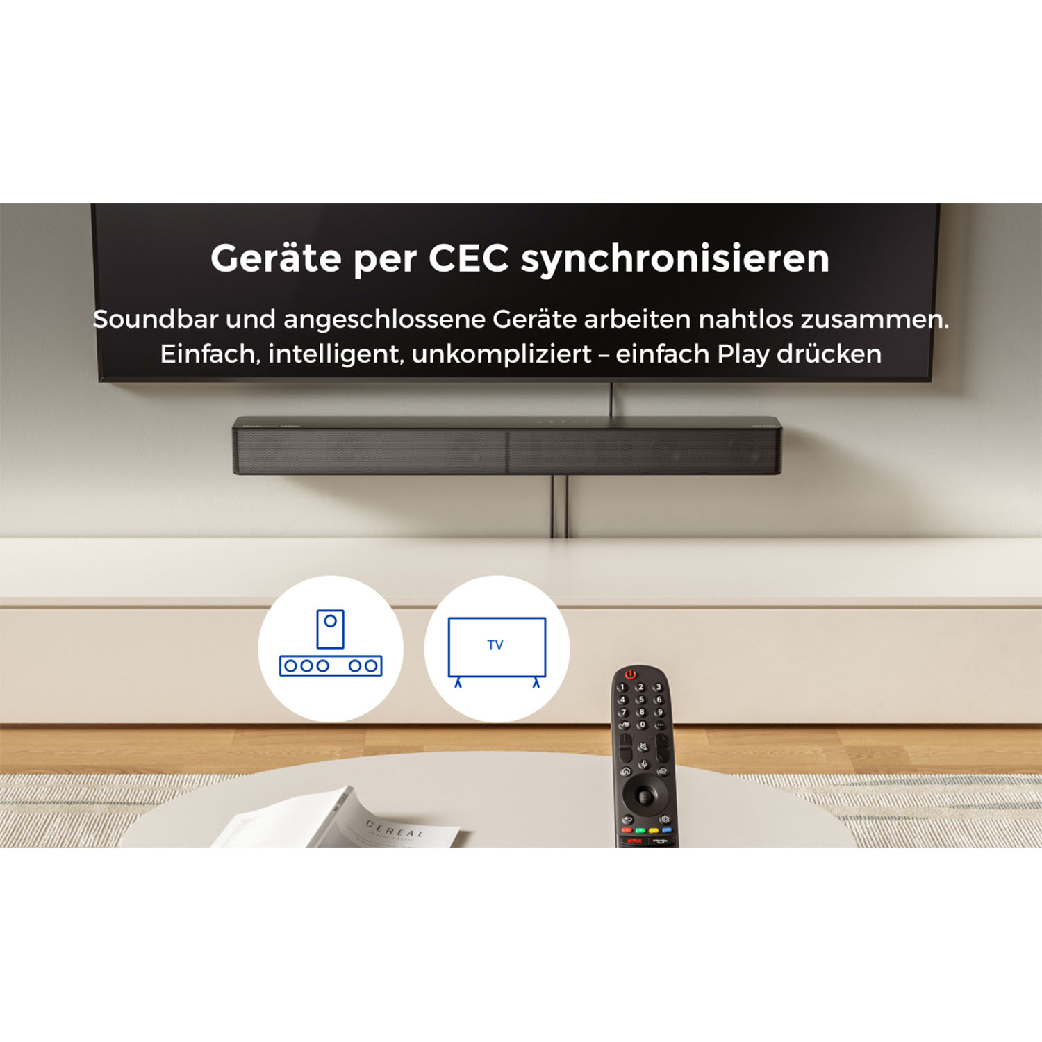 Soundbar, TV, Fernbedienung und zwei Icons zeigen CEC-Synchronisation.