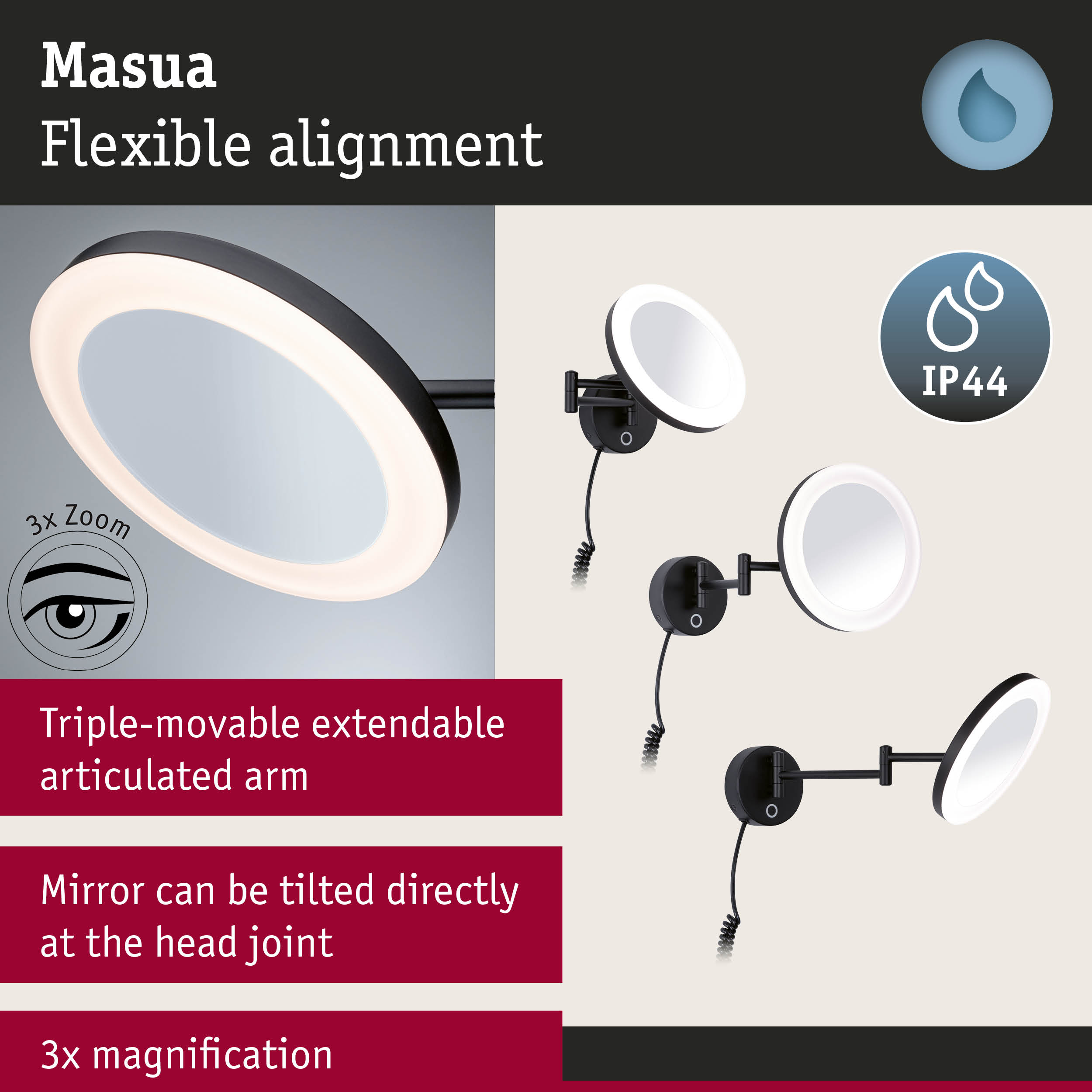 Masua Kosmetikspiegel mit LED-Beleuchtung, IP44, 3-fach Zoom.