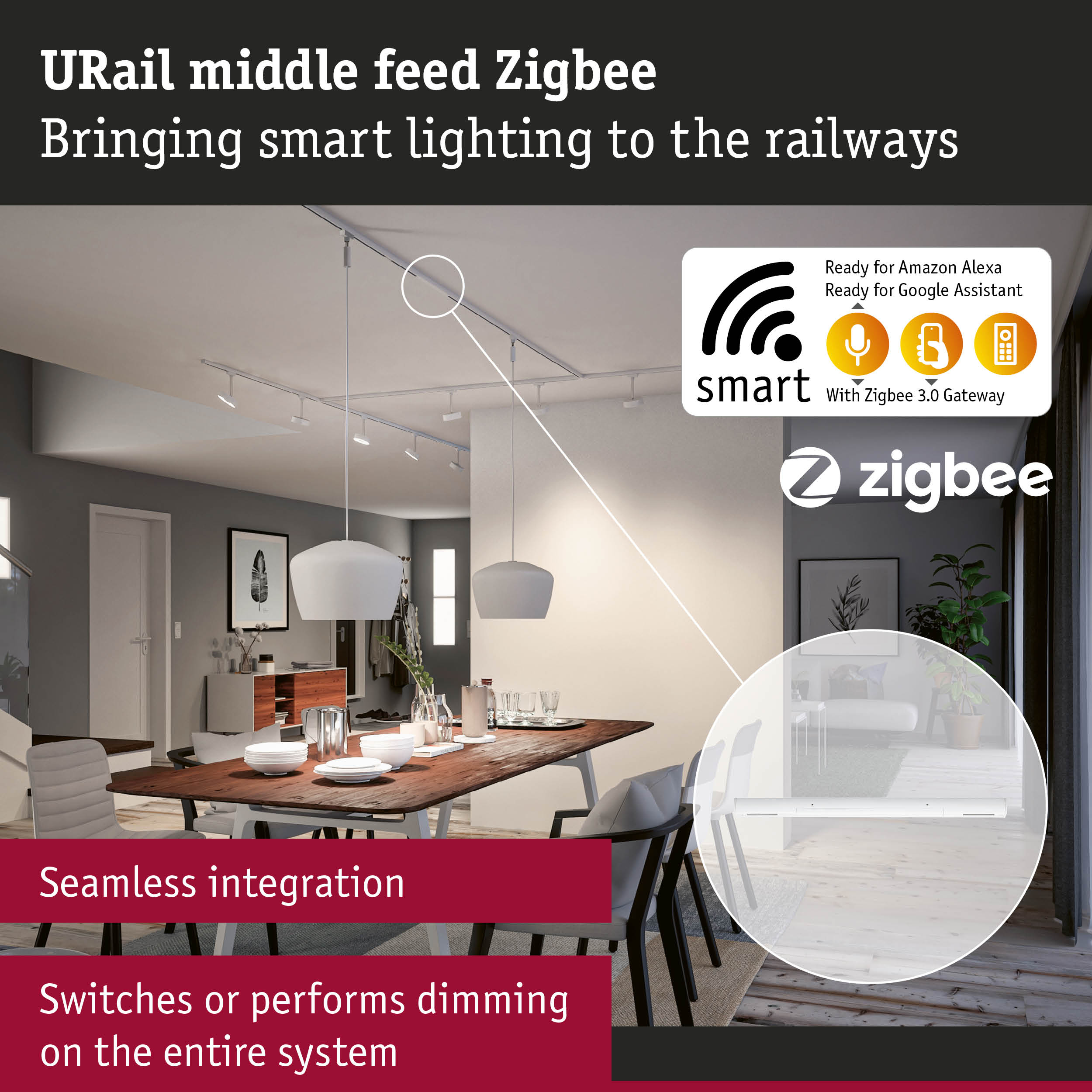 Ein Esszimmer mit einer smarten Beleuchtungsschiene und Zigbee-Technologie.