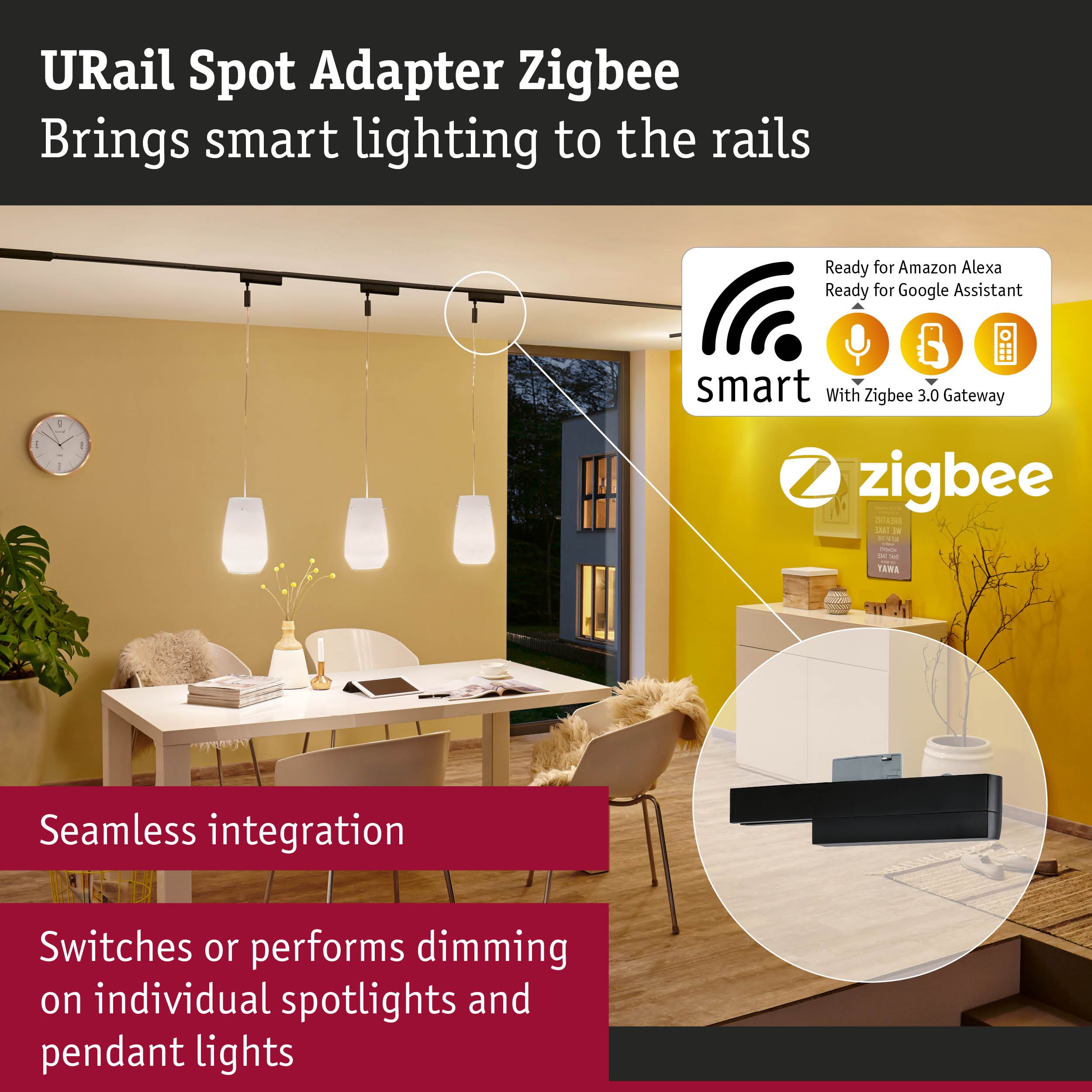 Esszimmer mit Pendelleuchten, Schienenlicht, Uhr und Zigbee-Logo.