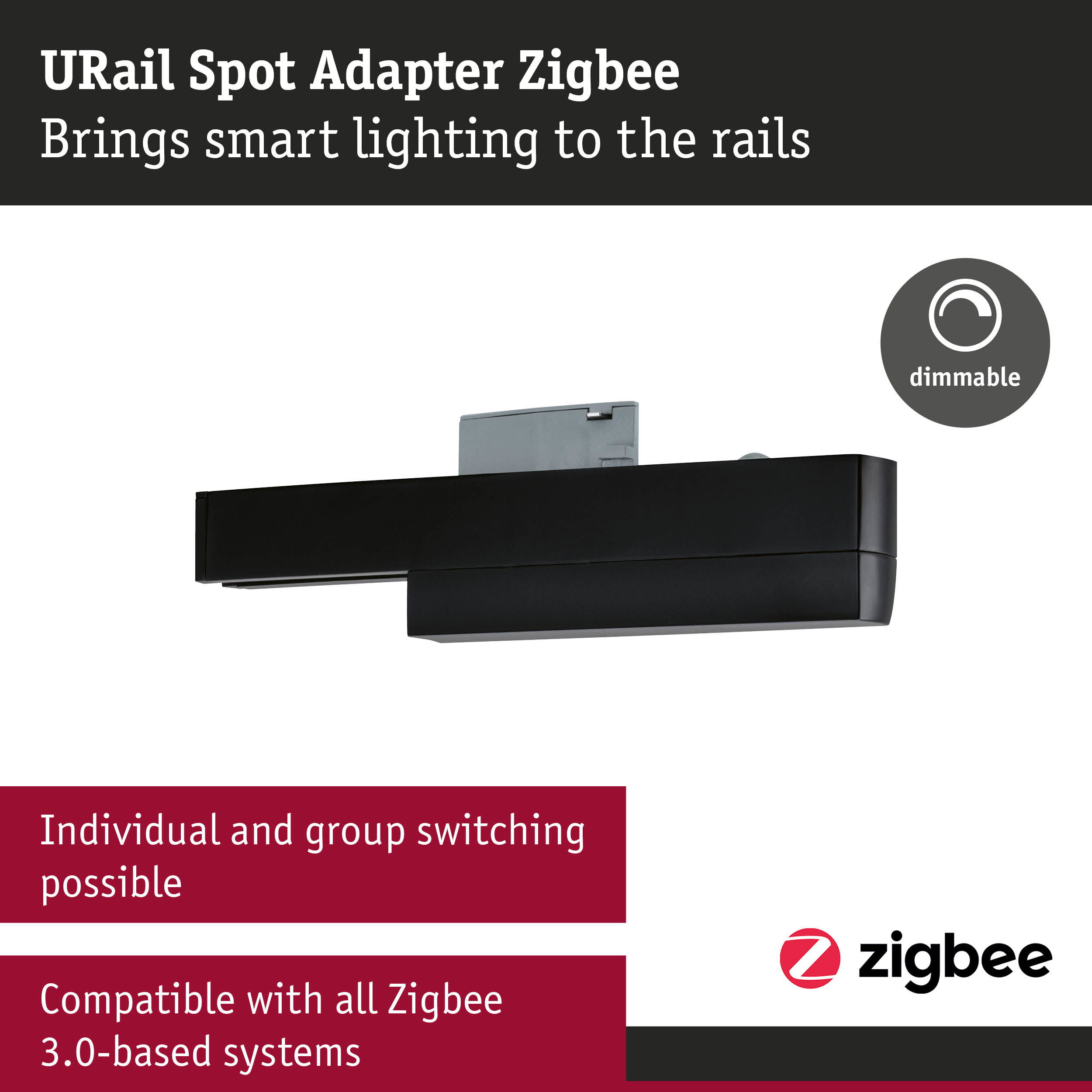 Schwarzer URail Spot Adapter mit Zigbee-Logo, dimmbar.