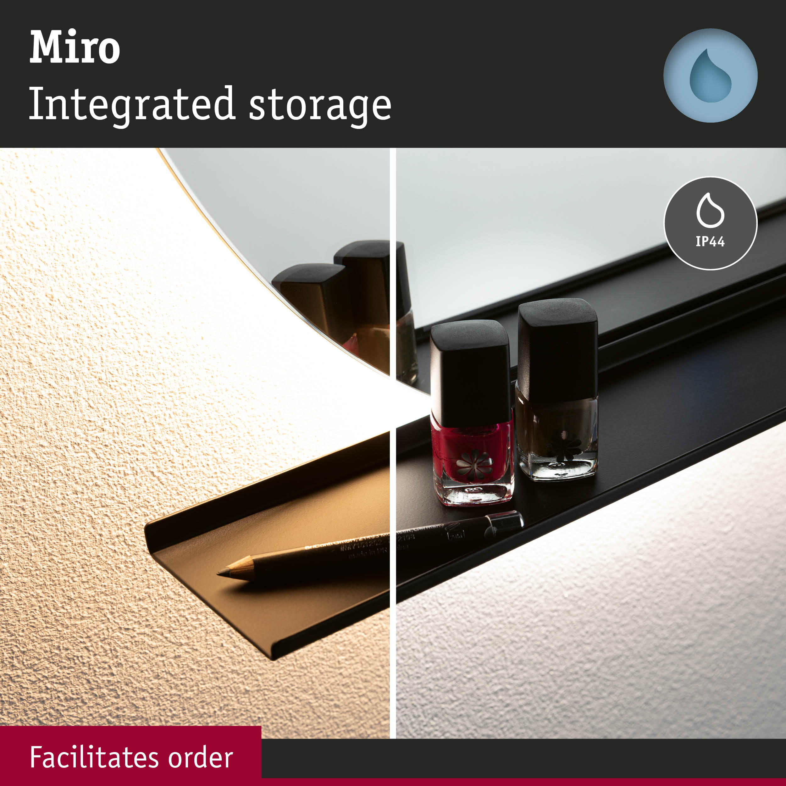 Lustro ze zintegrowaną półką, na której leży lakier do paznokci i ołówek.