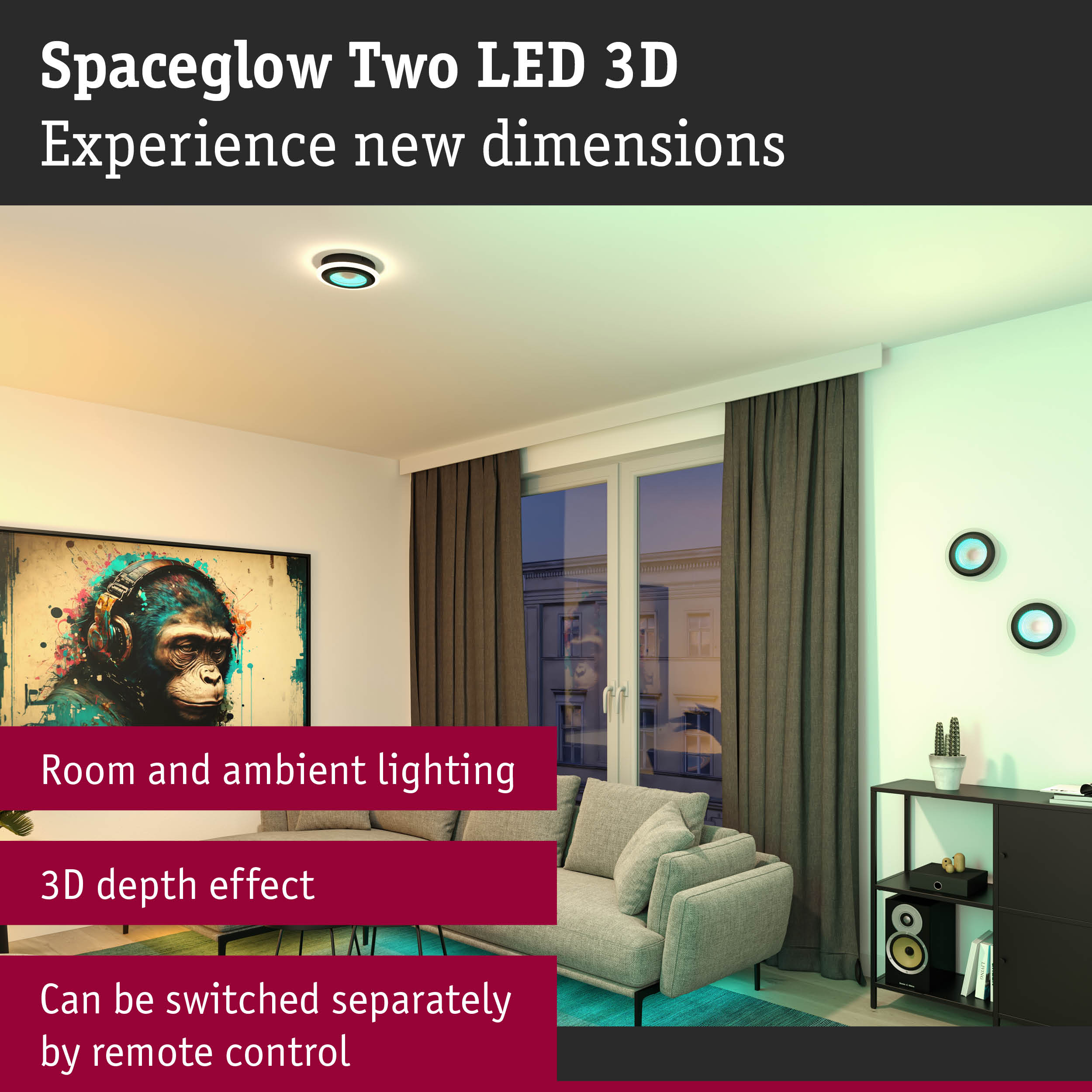 Nowoczesny salon z dziełem sztuki, sofą i oświetleniem nastrojowym.