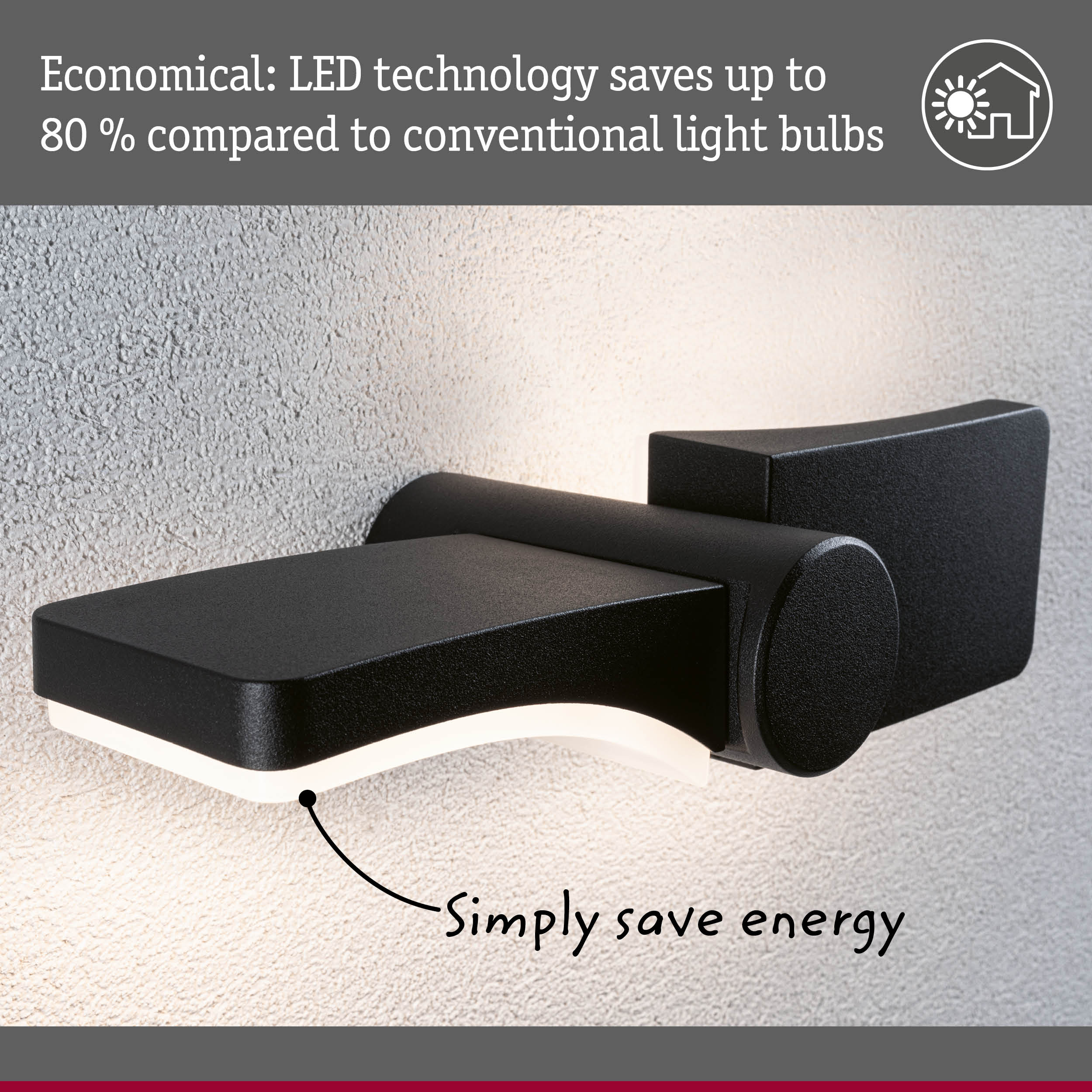 Czarna lampa ścienna LED z białym światłem, zamontowana na teksturowanej ścianie.