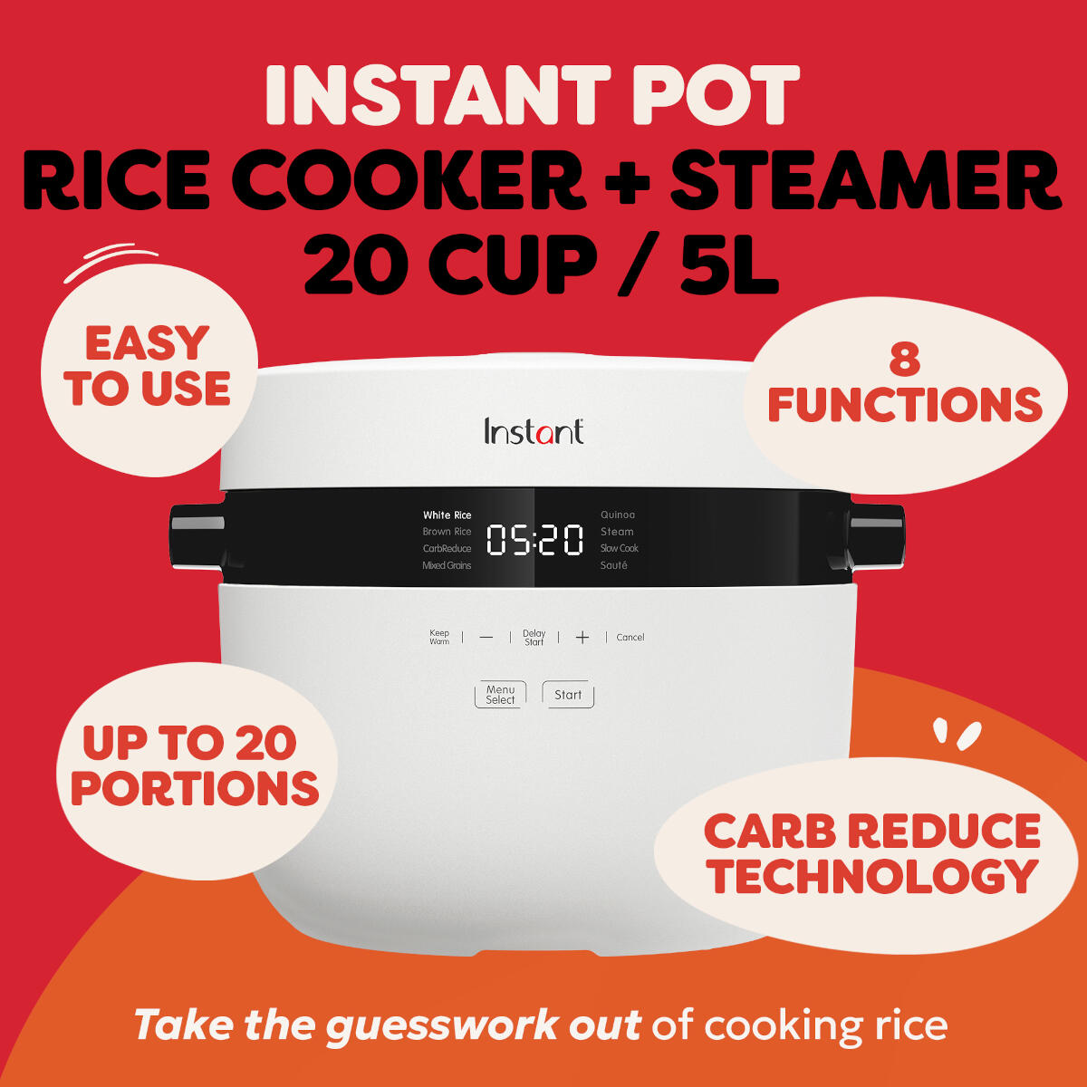Urządzenie Instant Pot do gotowania ryżu z 8 funkcjami, pojemnością 20 filiżanek i redukcją węglowodanów.