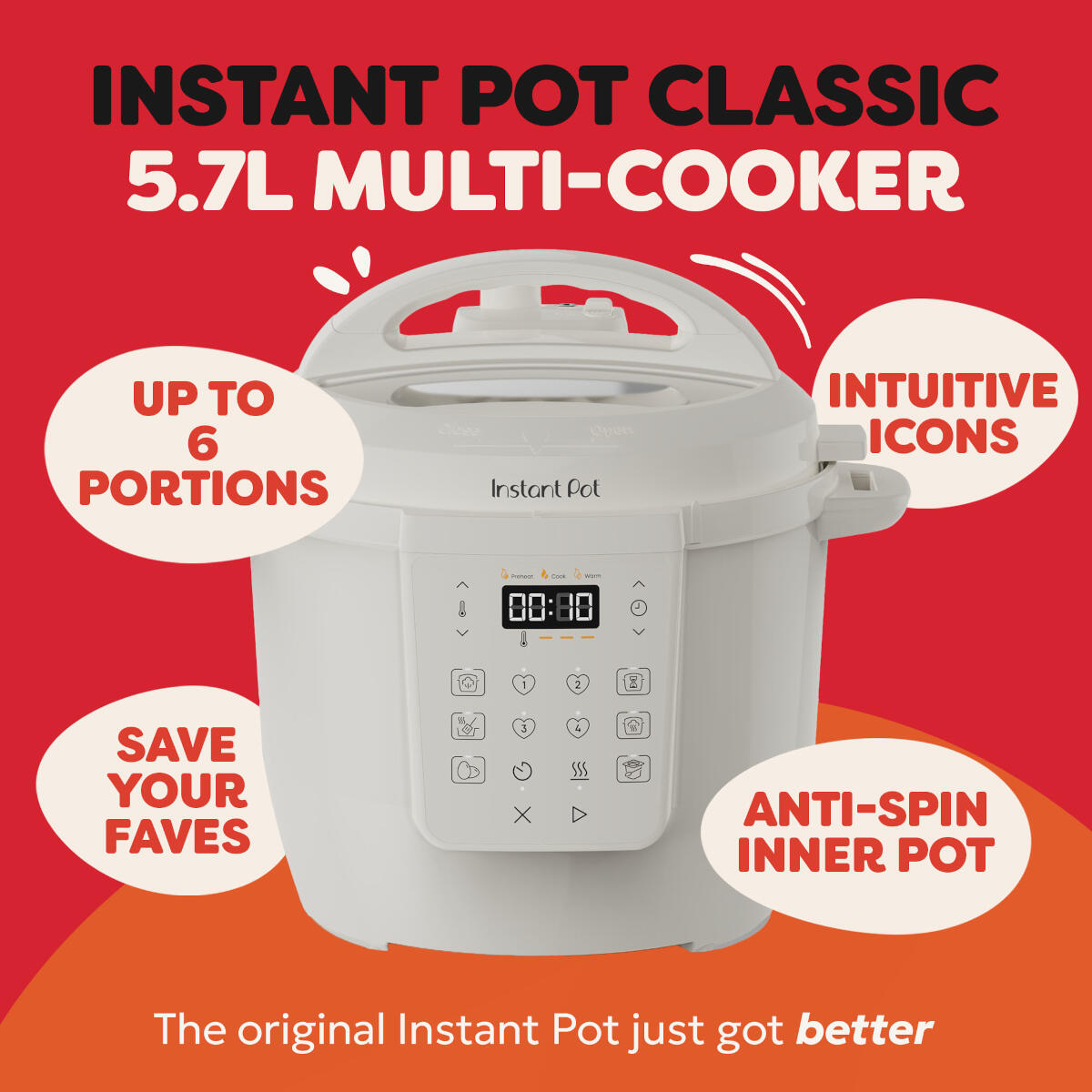 Een witte Instant Pot Classic Multi-Cooker met digitale bediening en tekstvakken.