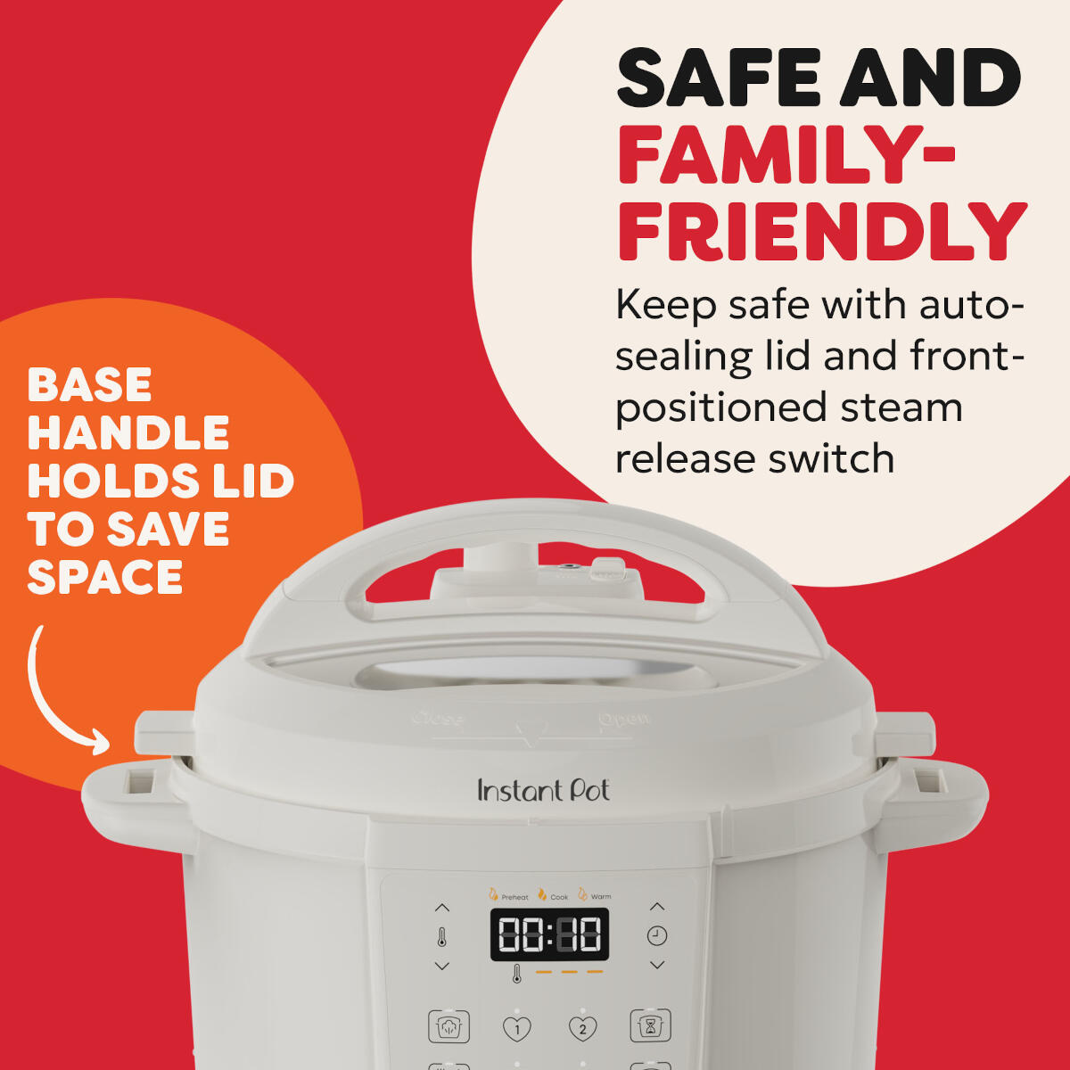 Een witte Instant Pot met digitaal display en tekst over veiligheid.