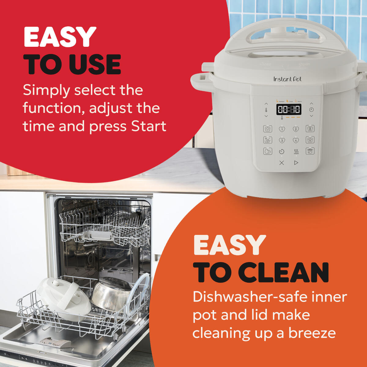 Een witte Instant Pot naast een open vaatwasser met vaat erin.