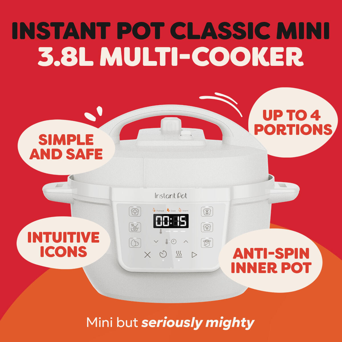 White Instant Pot 3.8L Multi-Cooker with control panel and text bubbles.