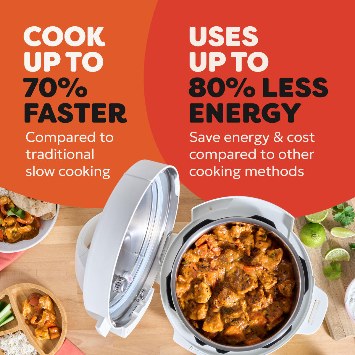 Open cooker with chicken curry and text about faster cooking and energy saving.