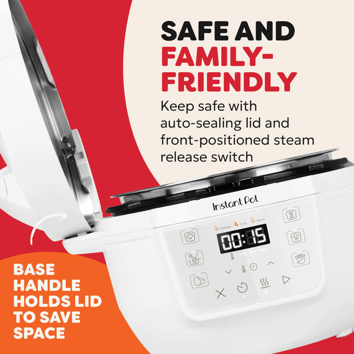White Instant Pot with open lid and digital display showing 00:15.