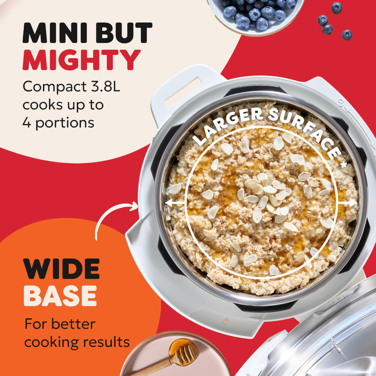 A compact cooker with oatmeal, topped with almonds and honey. Blueberries in background.