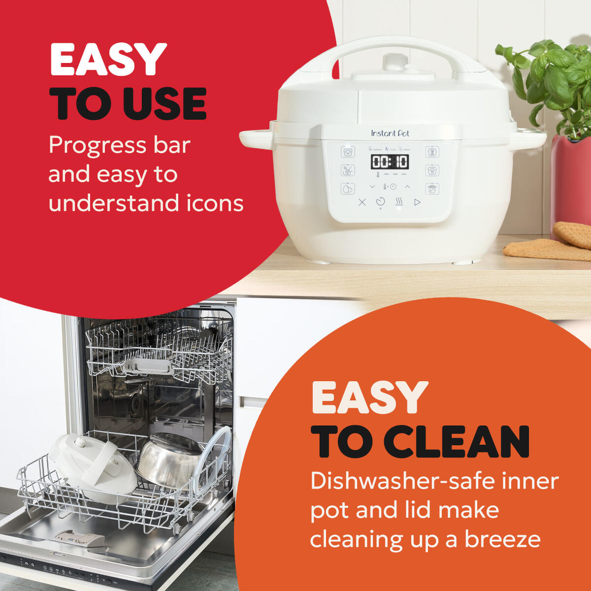 A white pressure cooker sits on a shelf next to an open dishwasher with pots inside.