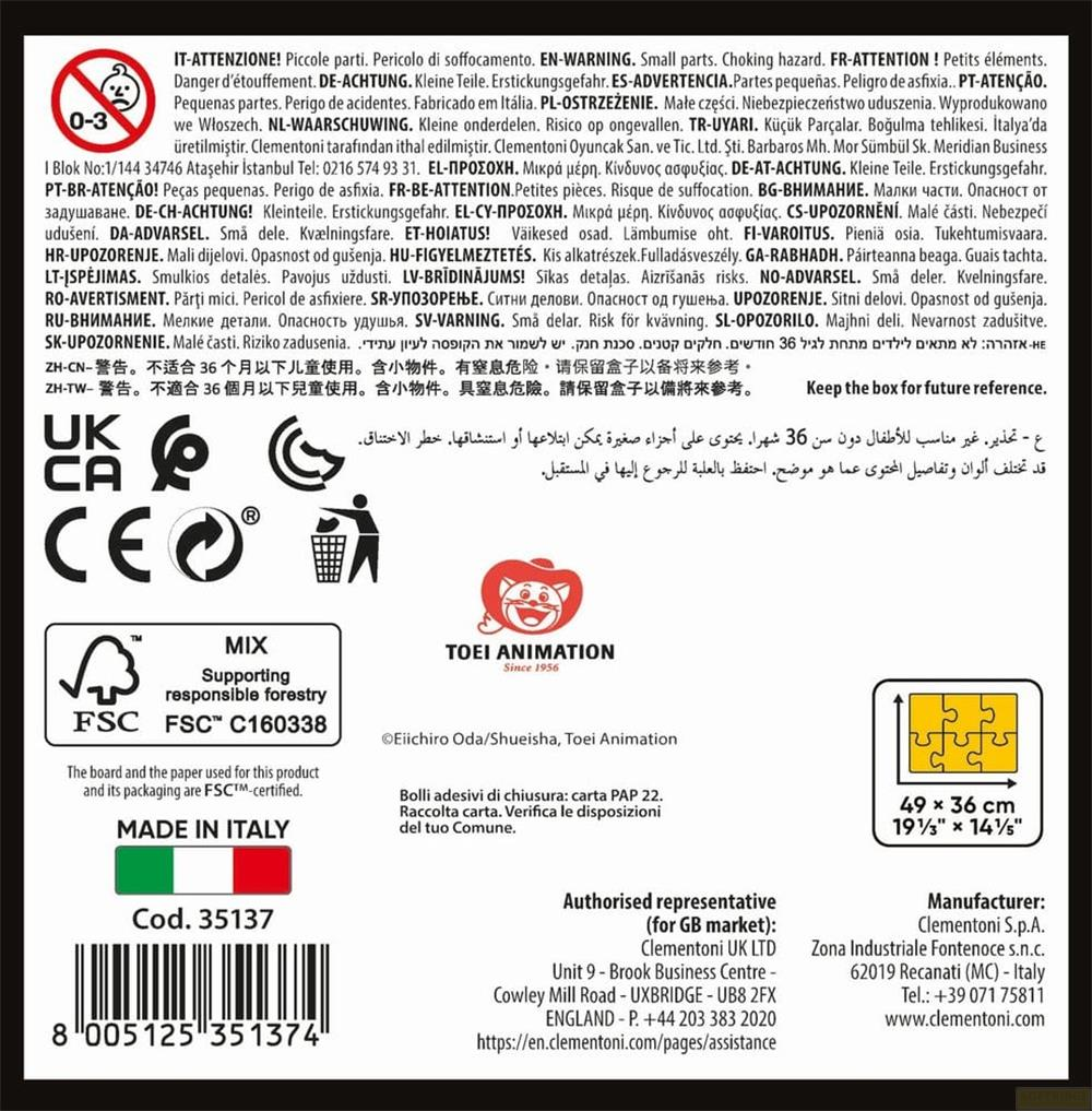 Ostrzeżenie: Małe części, ryzyko zadławienia. Logo i dane producenta.