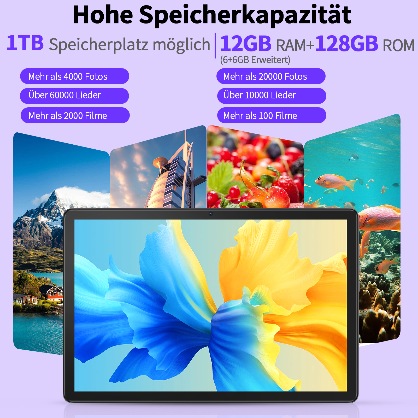 Tablet mit Landschafts-, Architektur- und Unterwasserbildern. Große Speicherkapazität.