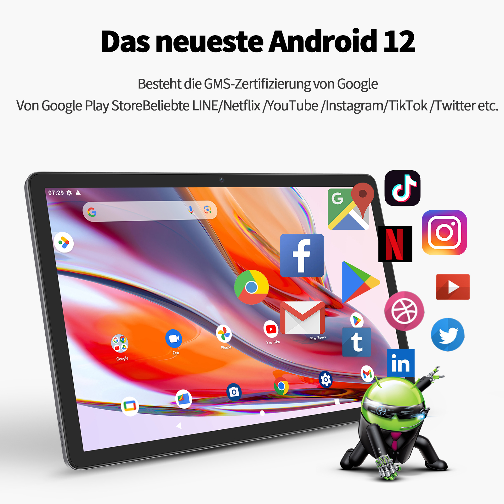 Ein Tablet mit Android 12 zeigt viele App-Symbole, darunter Google, Facebook und Netflix.