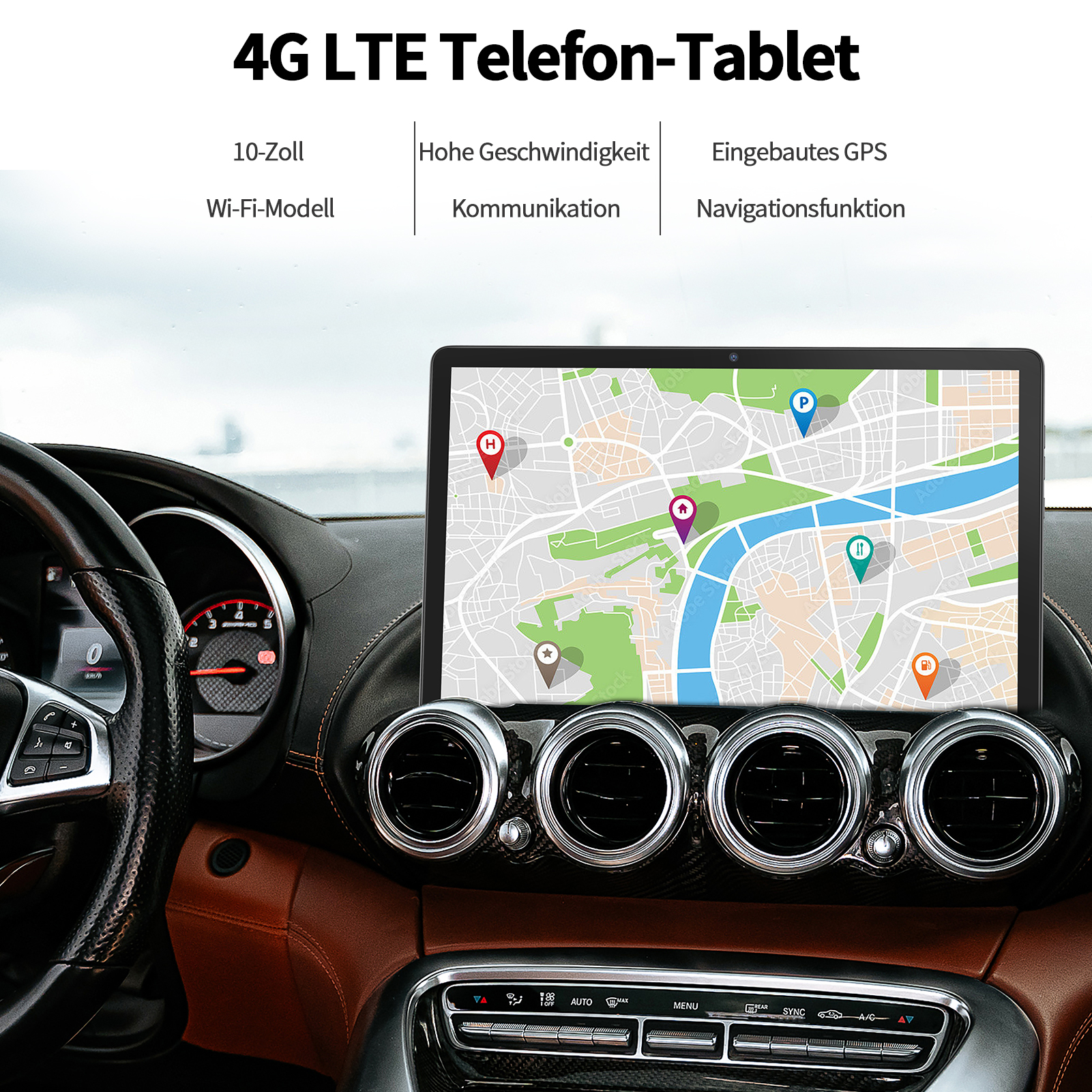 Ein Tablet mit Navigationskarte ist auf dem Armaturenbrett eines Autos montiert.