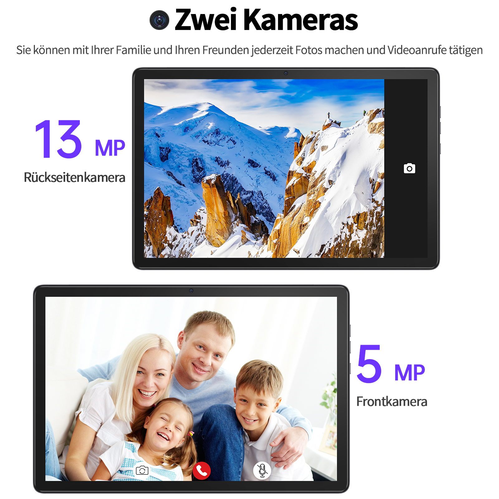 Zwei Tablets zeigen Kameras: Oben eine Berglandschaft, unten eine Familie.