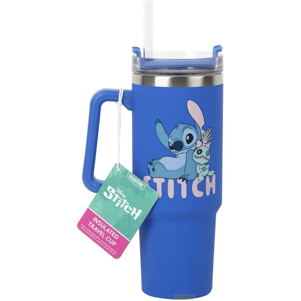 Niebieski kubek podróżny Disney Stitch ze słomką i uchwytem. Napis "Stitch".