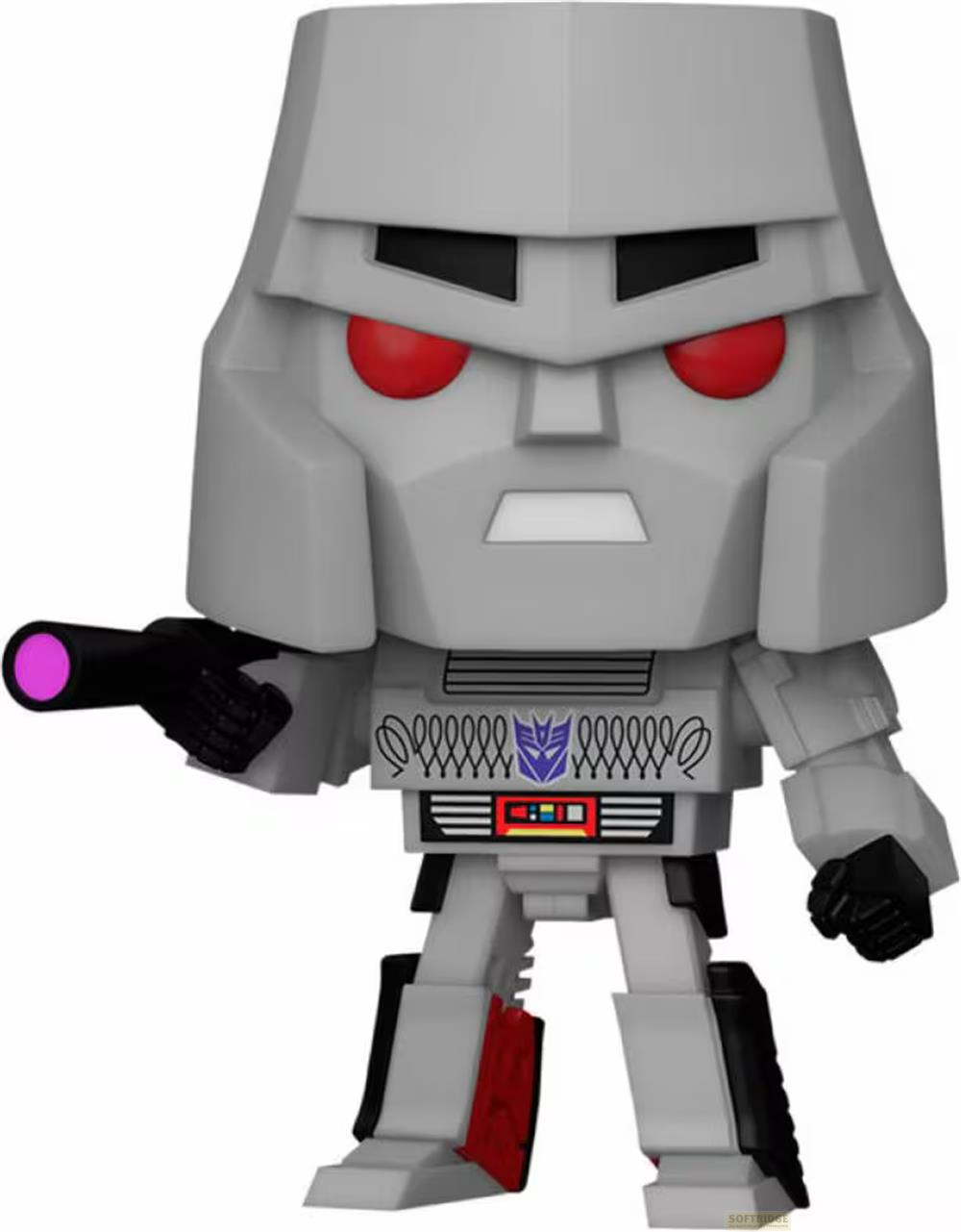 Figura grigia di Megatron con occhi rossi che tiene una pistola.