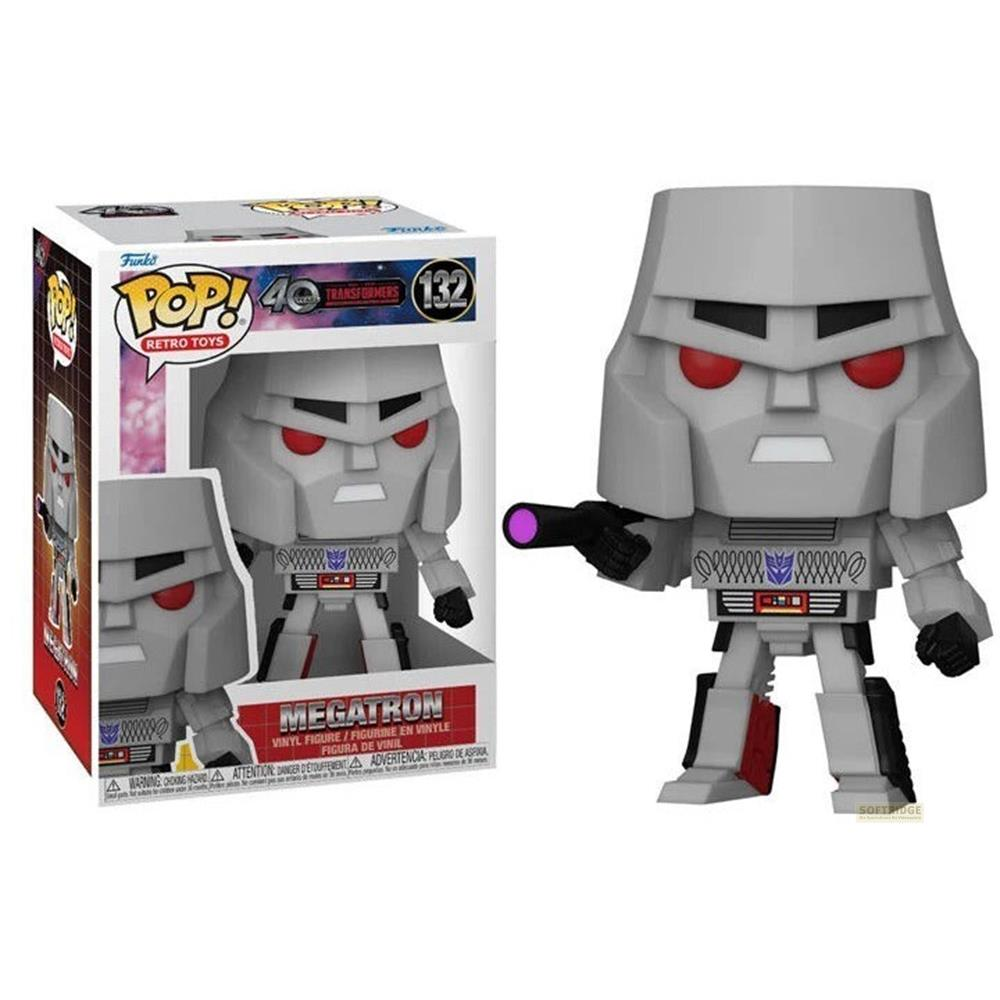 Figura grigia di Megatron con occhi rossi e cannone a fusione, accanto alla scatola.