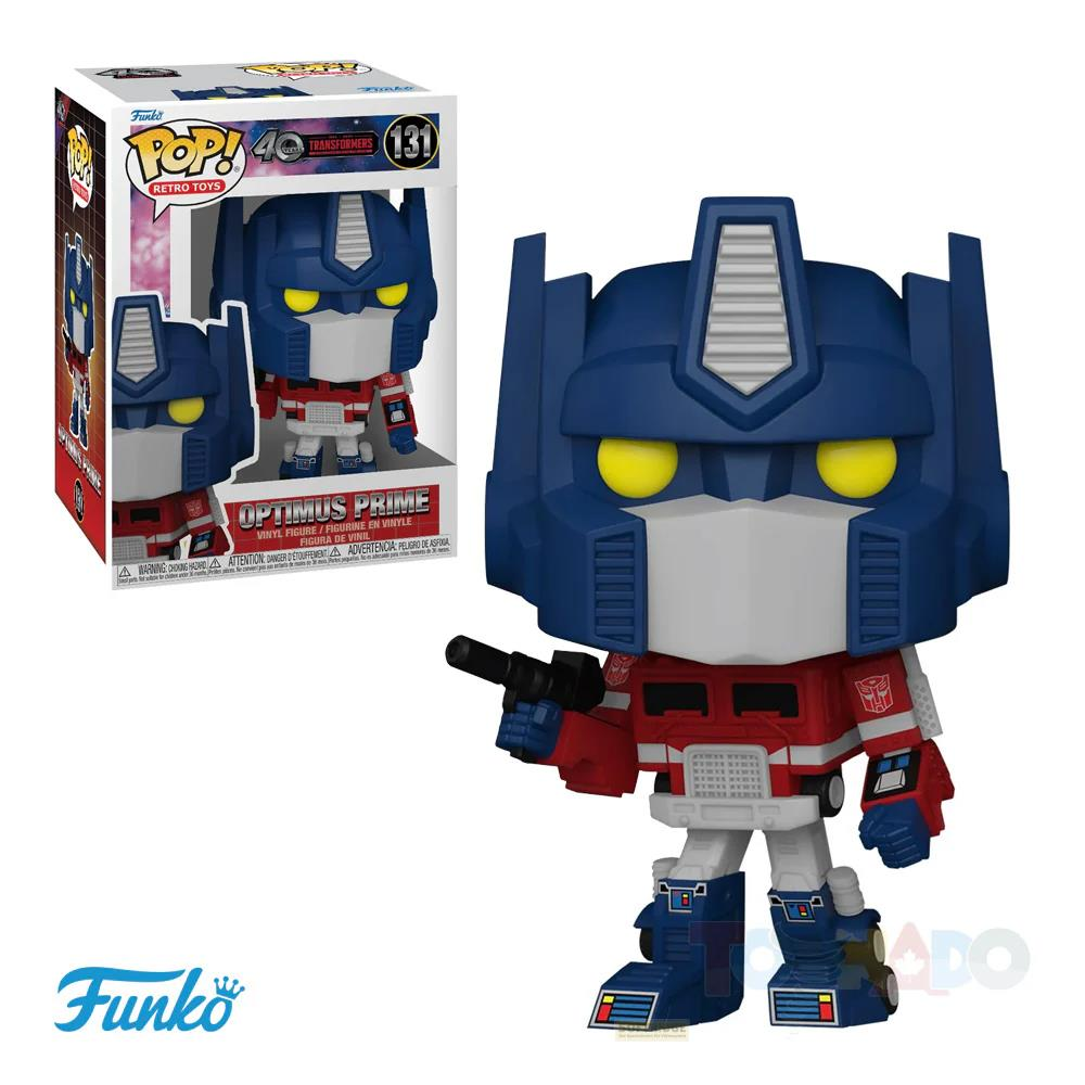 Action figure Funko Pop! Vinile Optimus Prime con arma, in scatola.