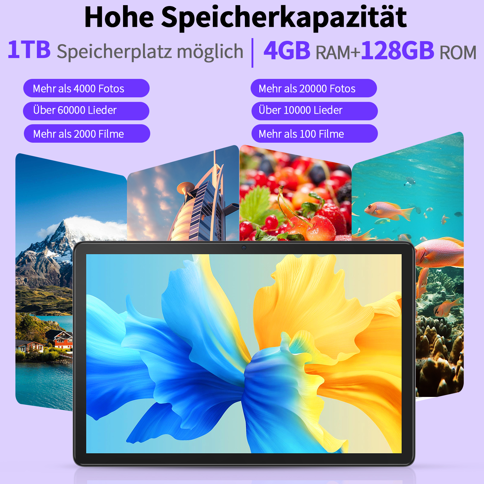 Tablet mit hoher Speicherkapazität, zeigt Landschaften, Gebäude, Früchte und Fische.