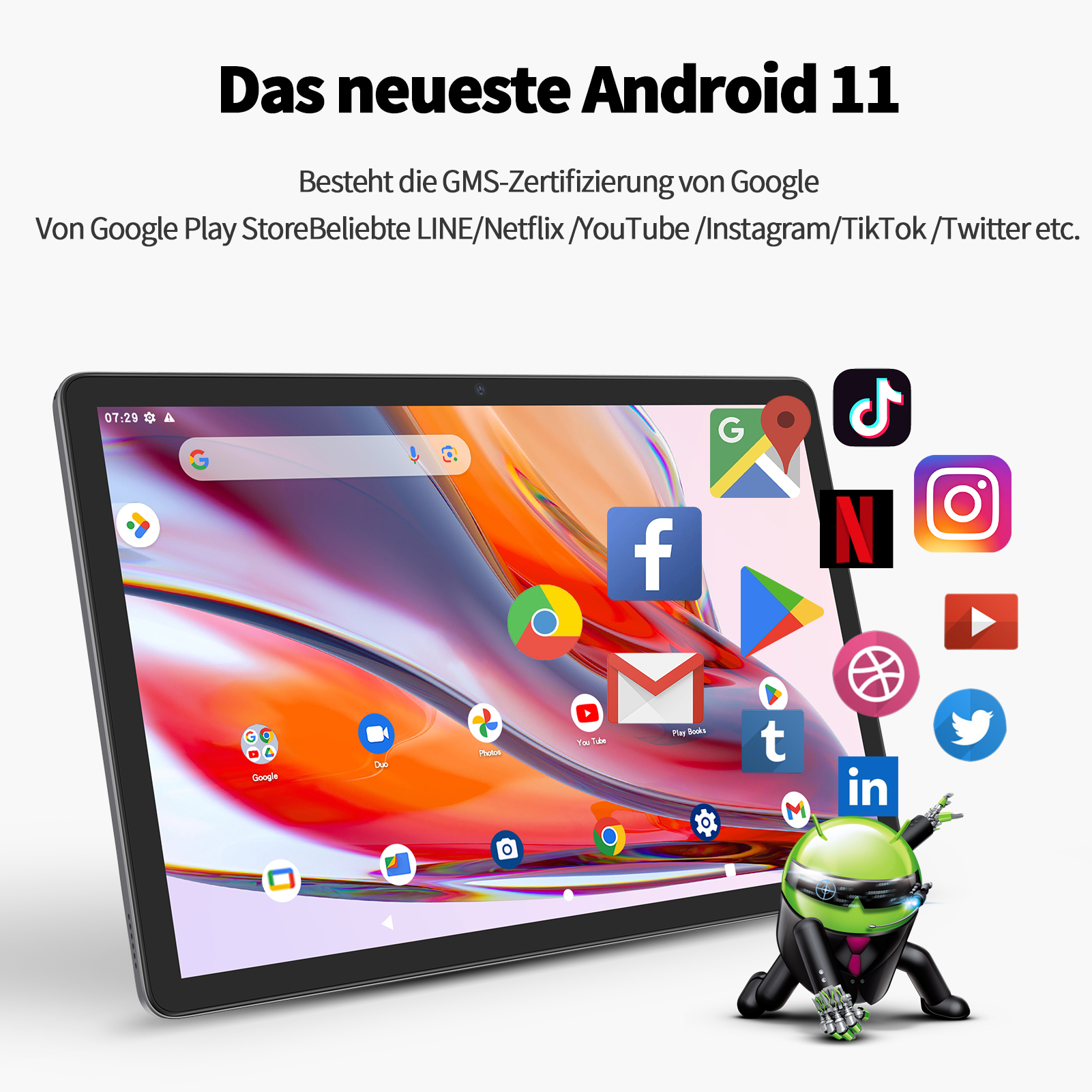 Tablet mit Android 11 und vielen App-Symbolen, darunter Google, Facebook, Netflix, TikTok, Instagram.