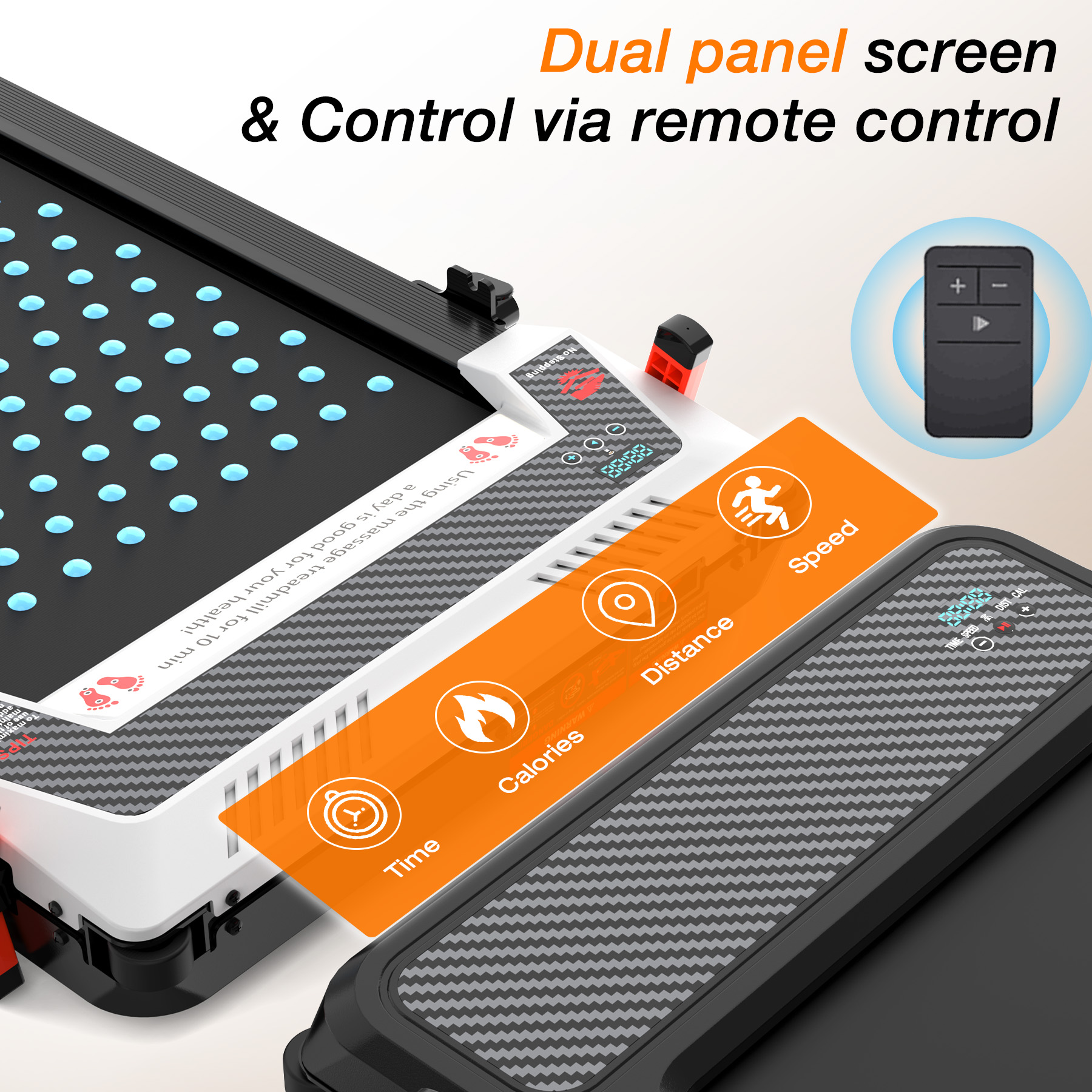 Massage treadmill with remote control, dual screen, showing time, distance, speed.