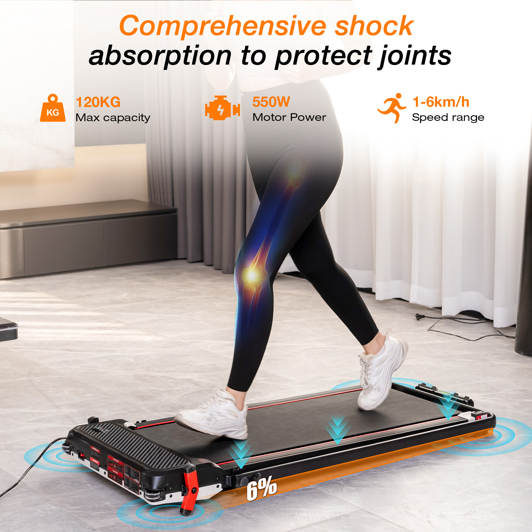 A woman running on a treadmill, highlighting joint shock absorption.