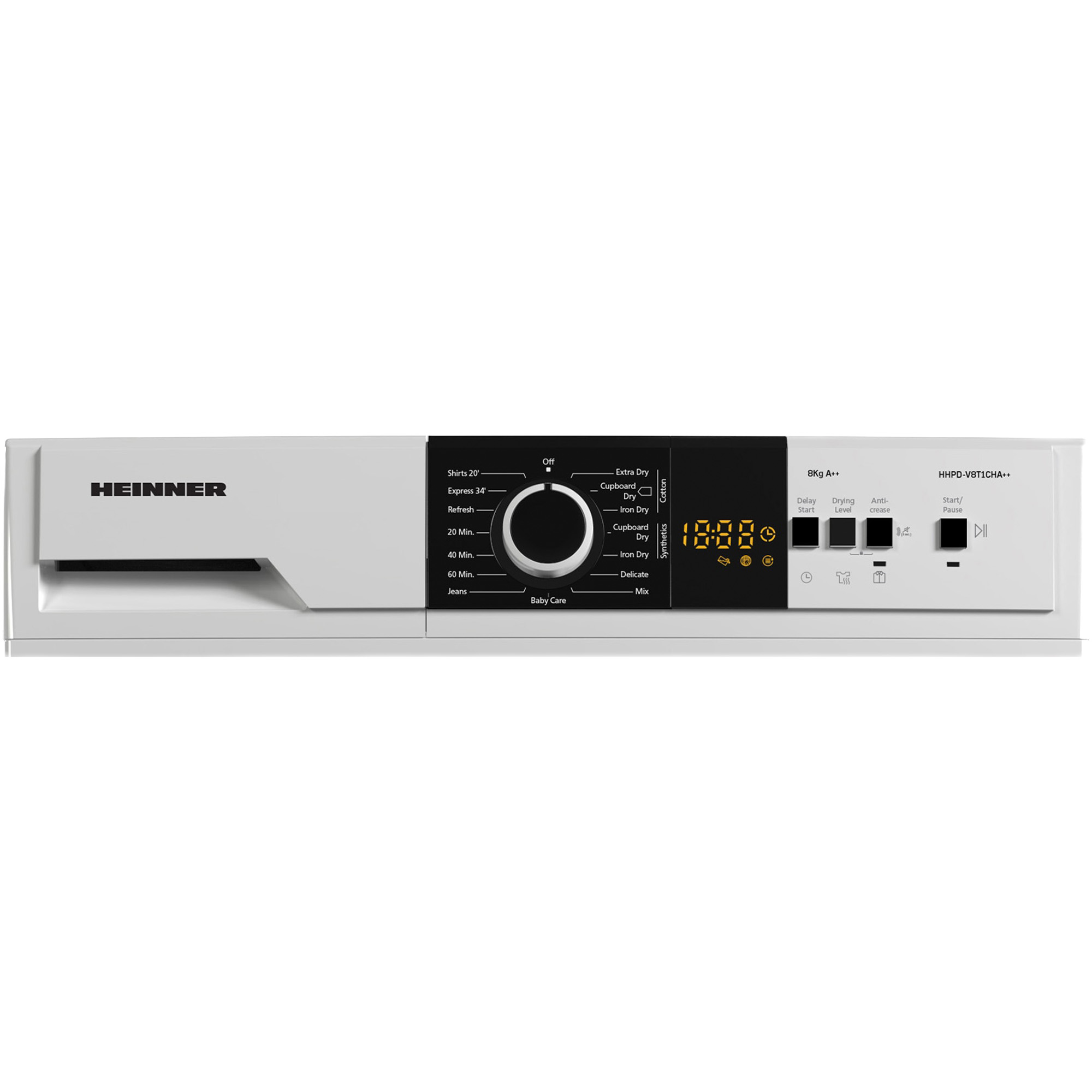 A white dryer with a black control panel and digital display.