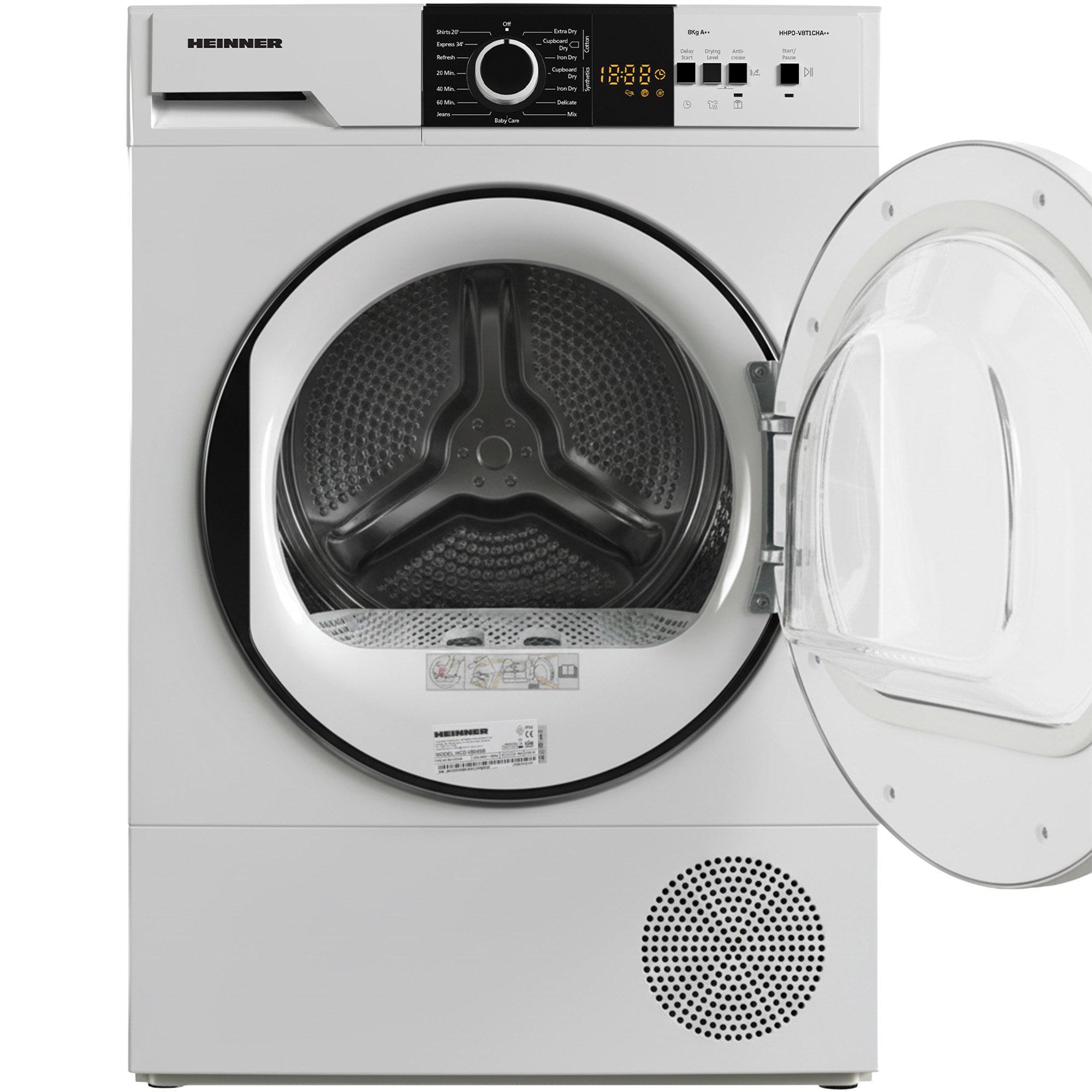 A white tumble dryer with its door open, showing the control panel and drum.