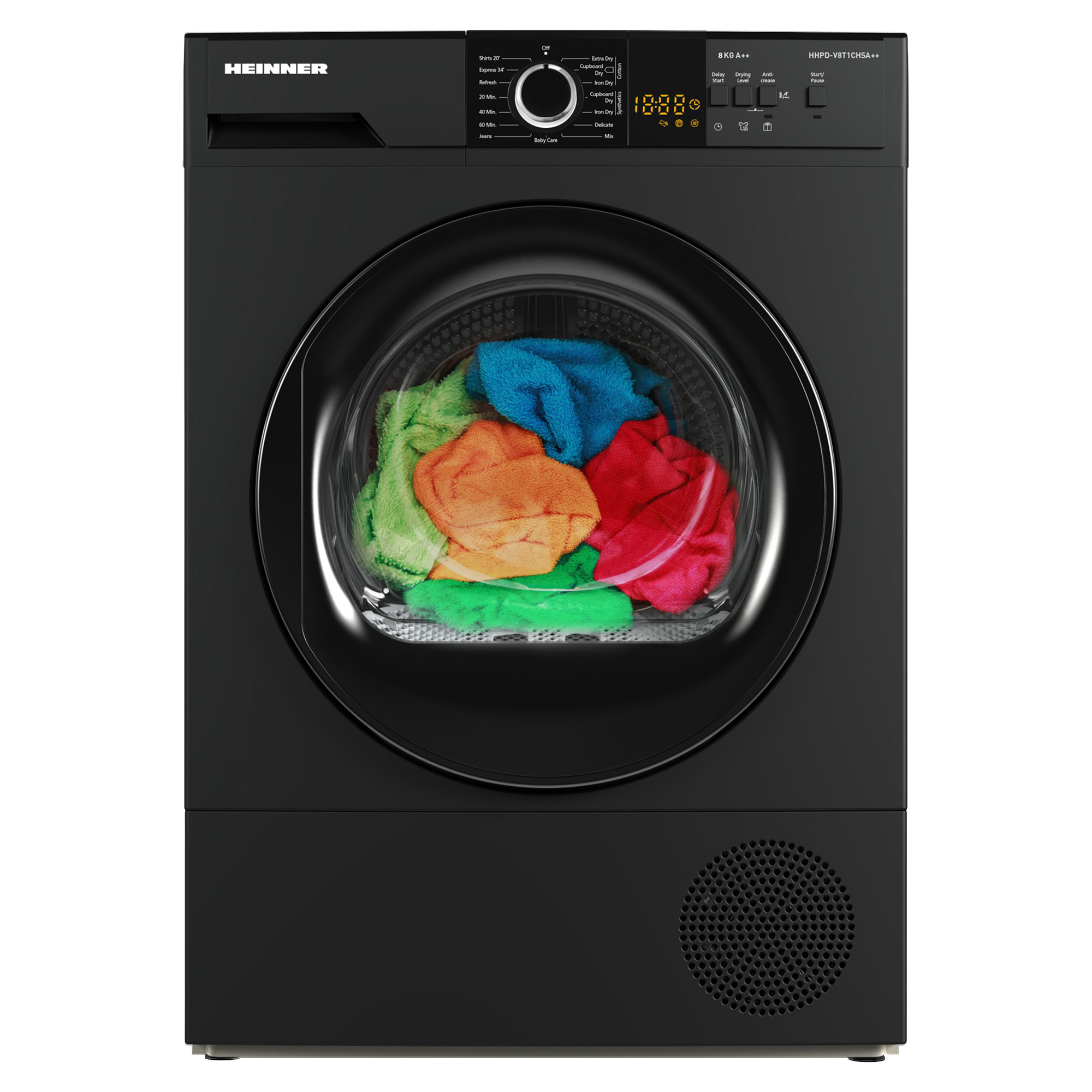 Black dryer with colorful laundry inside the drum.