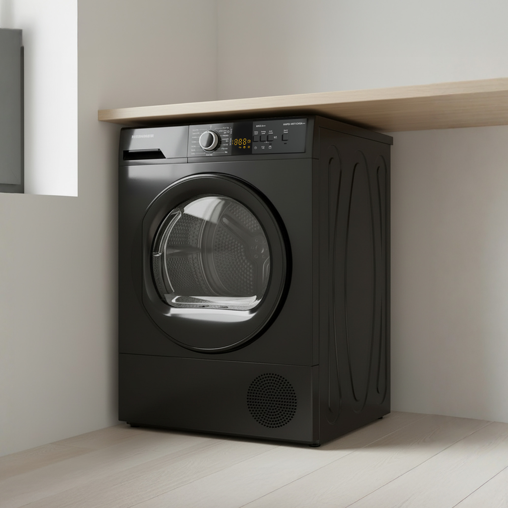 Black dryer under a wooden shelf, featuring a digital display and round door.