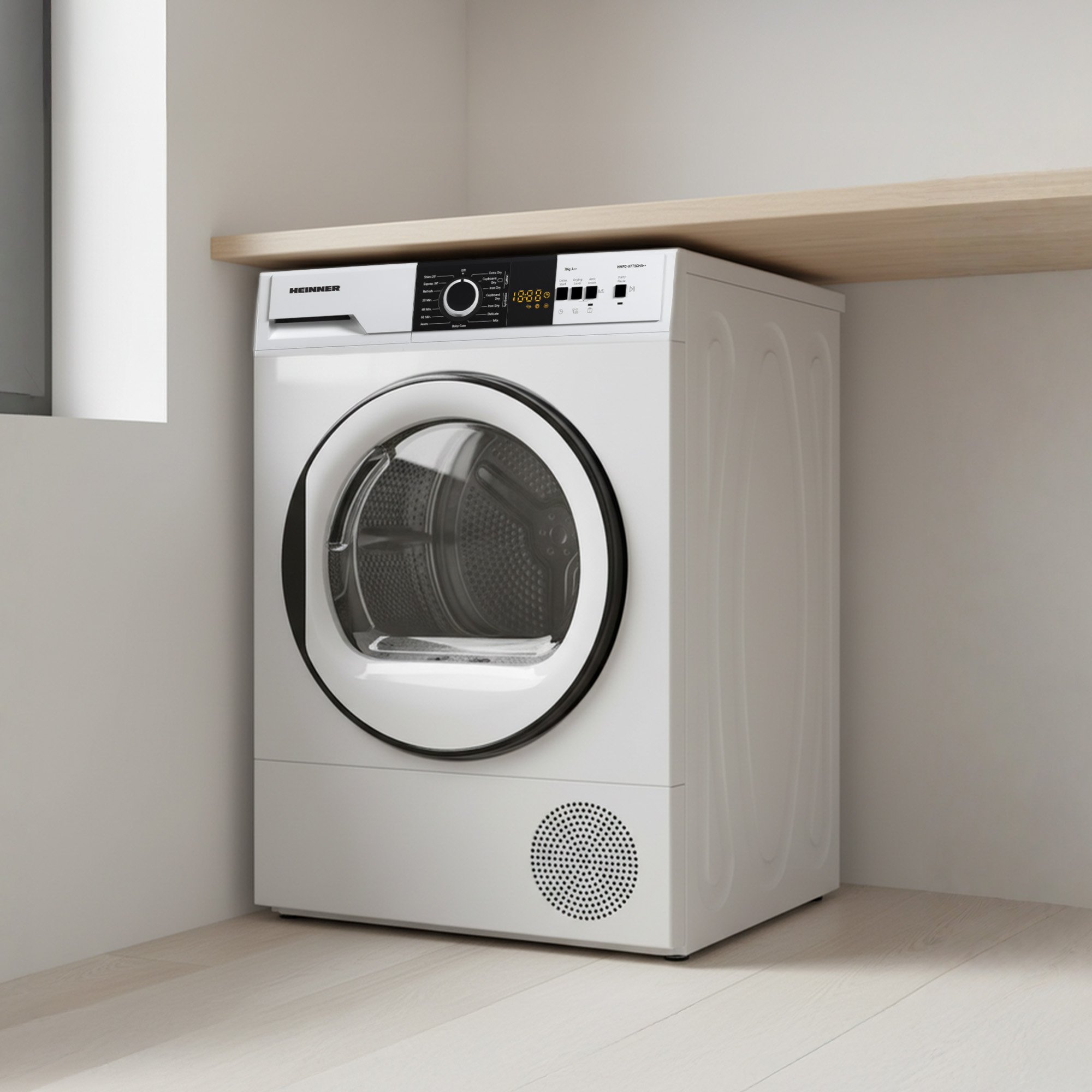 A white clothes dryer with a digital display sits under a wooden shelf.