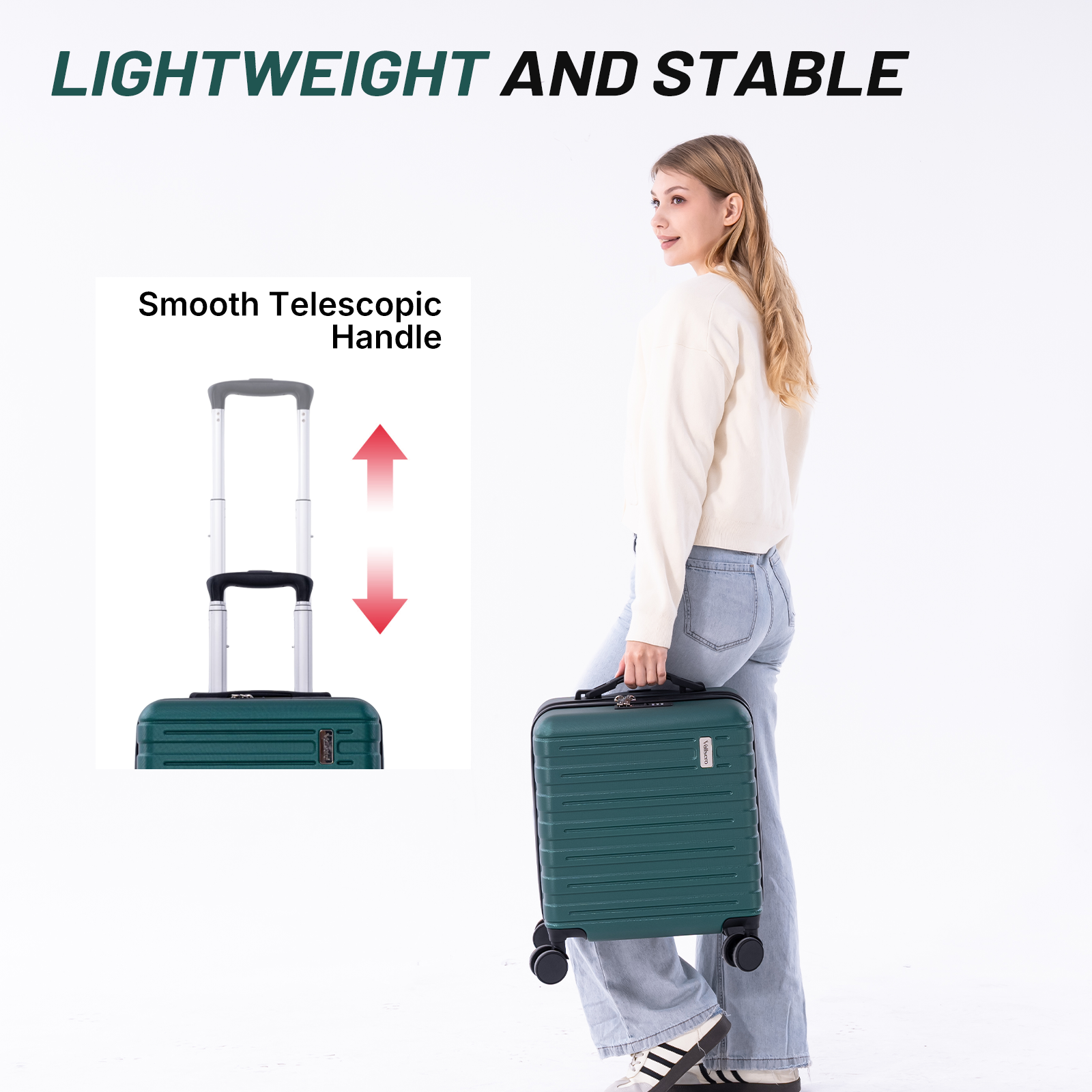 A woman holds a green suitcase with a telescopic handle. Close-up of the handle.