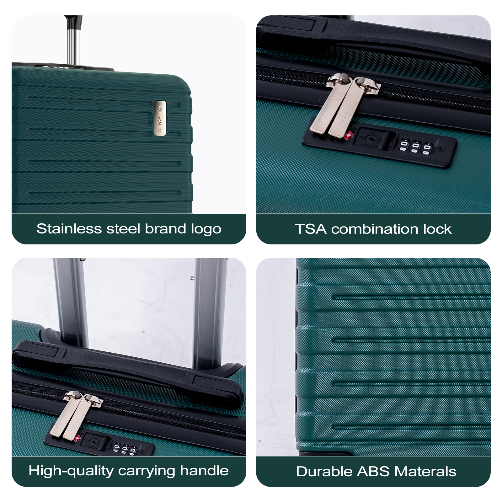 Dark green suitcase with ribbed texture, TSA lock, and silver logo.