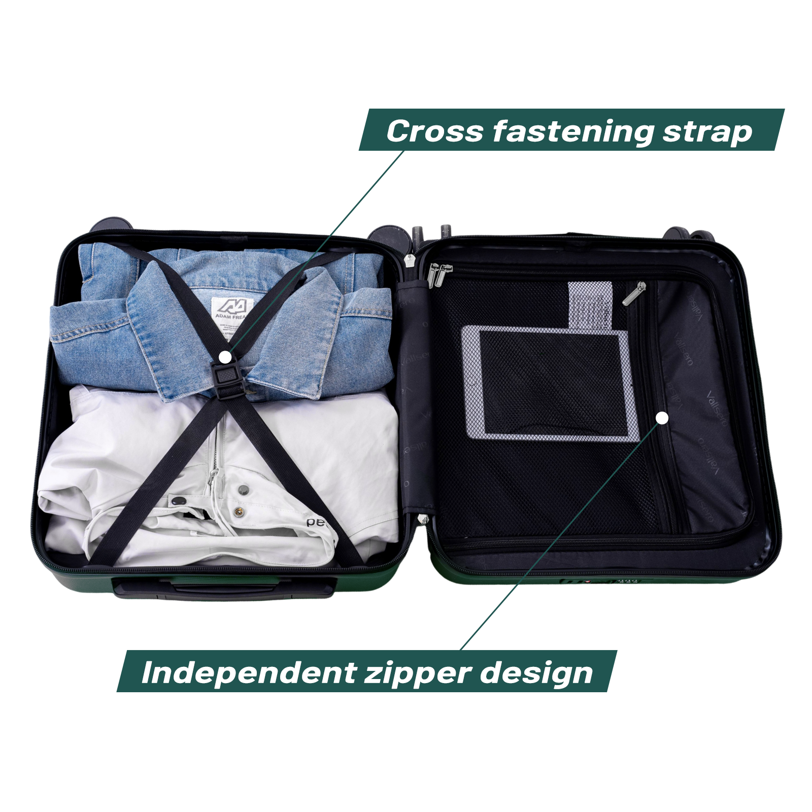 Open dark green suitcase with clothes and a tablet inside. Cross straps secure clothes.