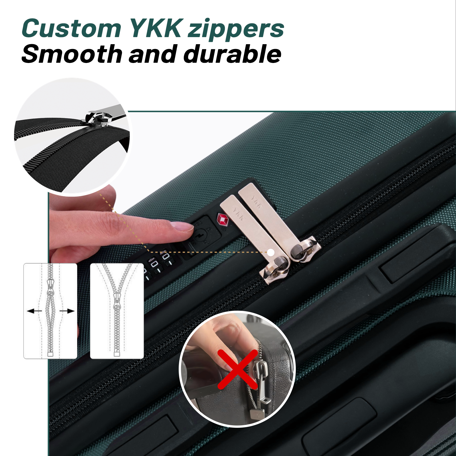 Close-up of a green suitcase featuring YKK zippers. A finger presses the TSA lock.