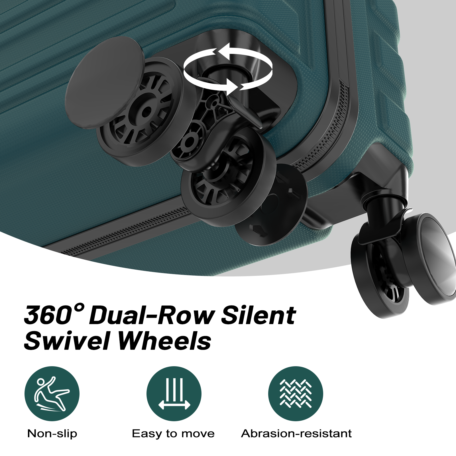 Three black suitcase wheels with arrows indicating 360-degree rotation.