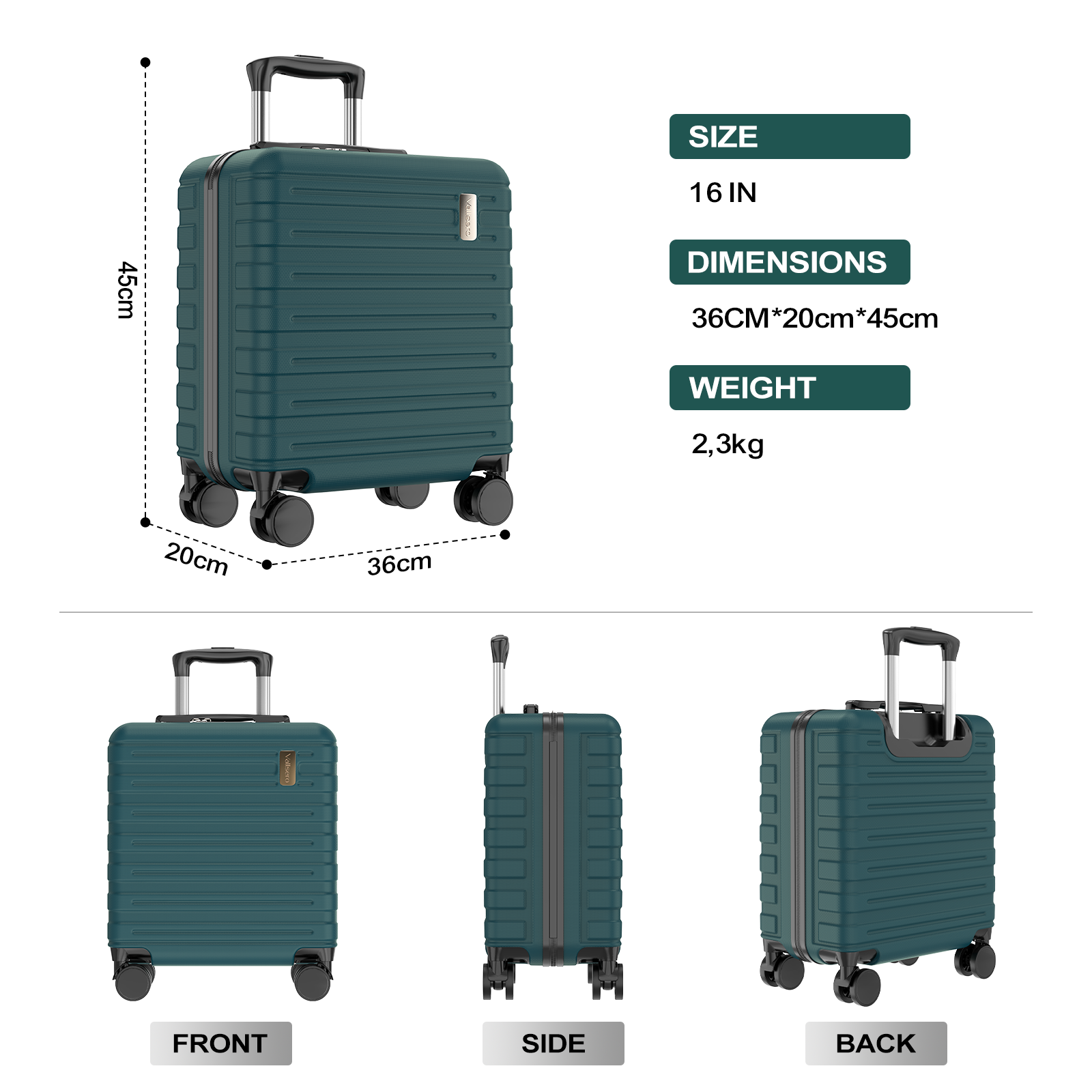 A teal rolling suitcase with dimensions 36x20x45cm, size 16 inches.