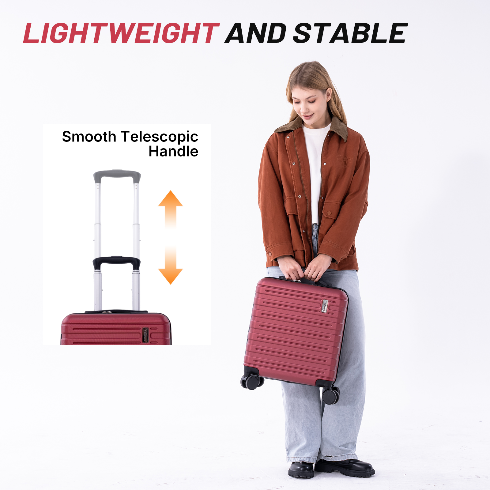 A woman in a brown jacket holds a red suitcase. Close-up of the handle.